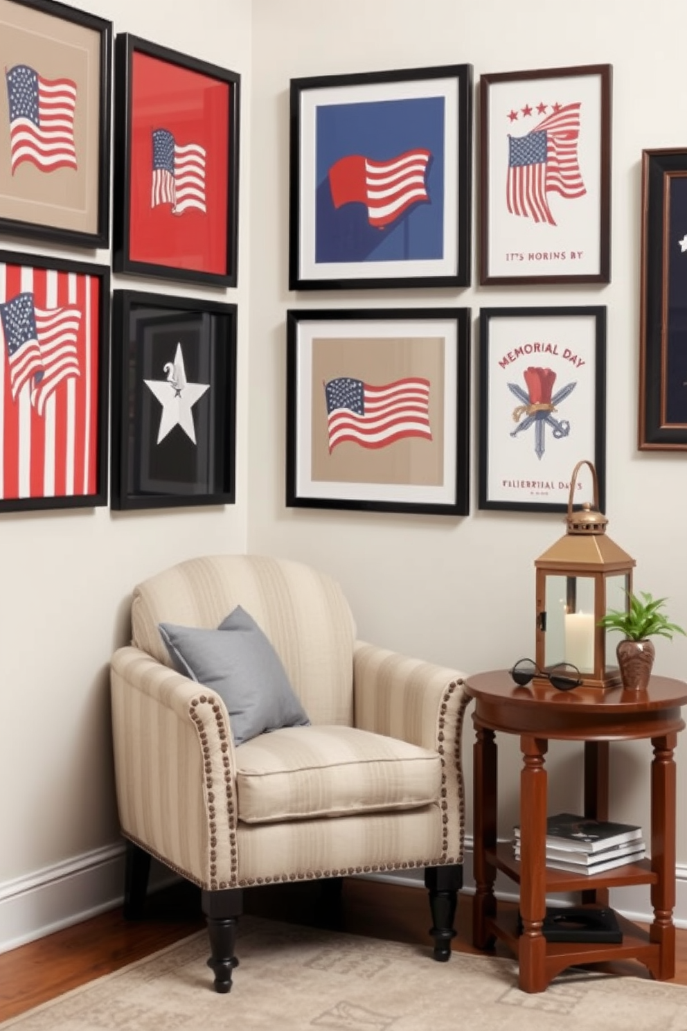 A cozy reading nook featuring patriotic-themed art prints that celebrate Memorial Day. The walls are adorned with framed prints in red white and blue showcasing symbols of freedom and honor. A comfortable armchair upholstered in a subtle striped fabric sits in the corner. A small wooden side table holds a stack of books and a decorative lantern that adds a warm glow to the space.