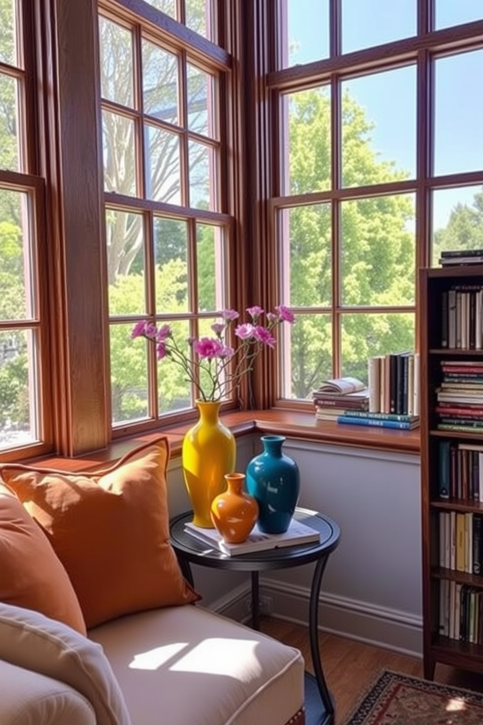 A cozy reading nook filled with natural light. Colorful ceramic vases in vibrant hues serve as eye-catching centerpieces on a small side table. Plush seating with soft cushions invites relaxation. A well-stacked bookshelf nearby offers a variety of books for leisurely reading.