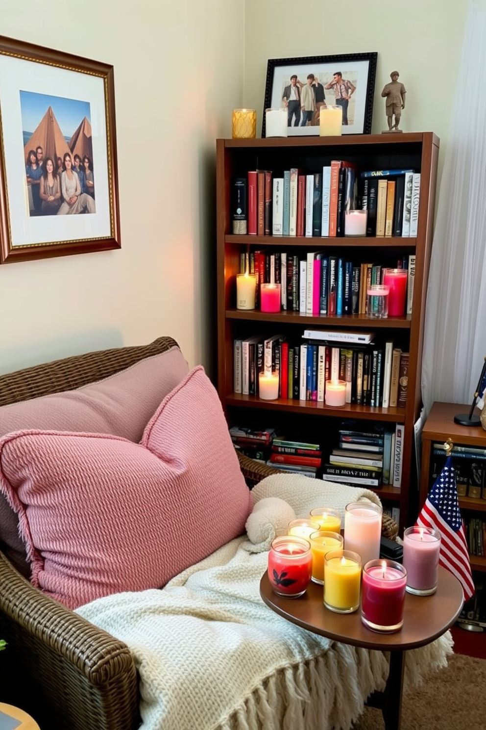 A cozy reading nook filled with scented candles creates a warm and inviting atmosphere. Plush cushions and a soft throw blanket are arranged on a comfortable chair, with a small side table holding an array of colorful candles in various sizes. The nook is illuminated by soft, ambient lighting that enhances the soothing scents of the candles. A nearby bookshelf is filled with an assortment of books, inviting relaxation and enjoyment during Memorial Day celebrations.