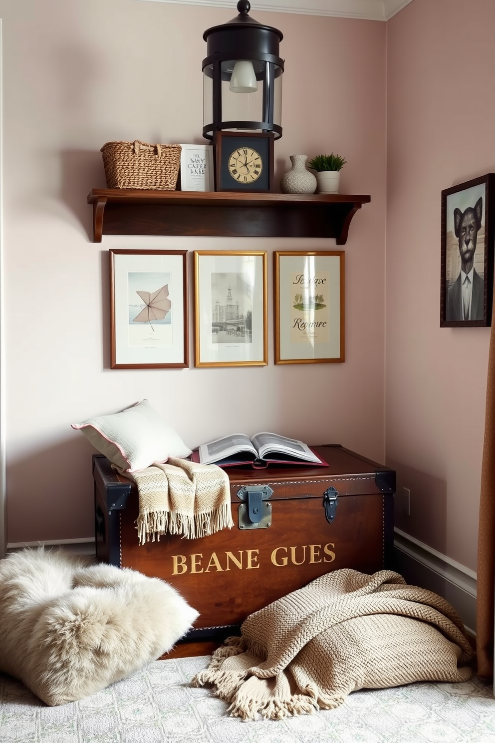 A cozy reading nook featuring a vintage trunk as a stylish storage solution. The trunk is placed against a wall adorned with soft pastel colors, surrounded by plush cushions and a warm throw blanket.