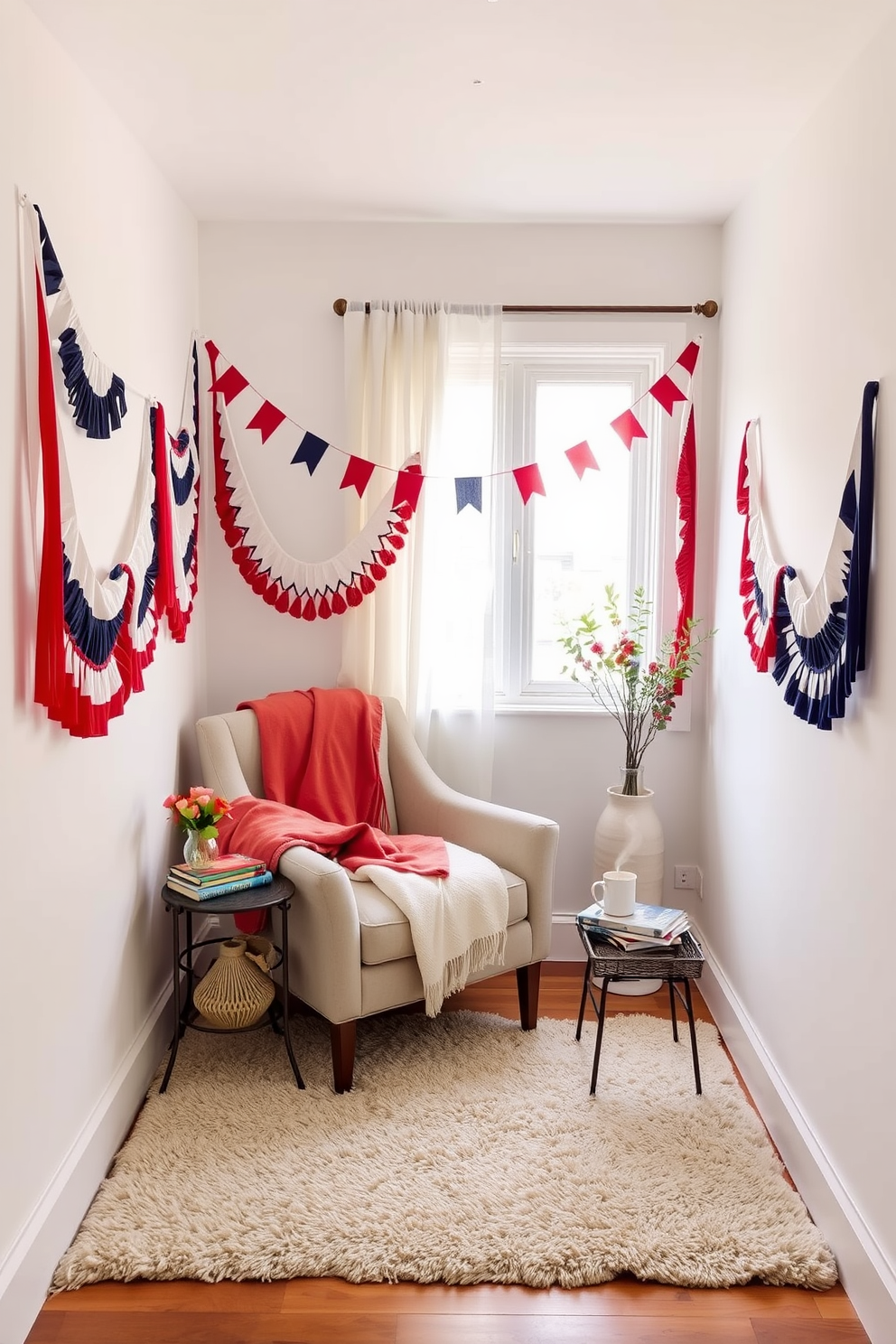 A cozy reading nook adorned with DIY bunting in patriotic colors. The space features a comfortable armchair draped with a soft blanket, and a small side table holds a stack of books and a steaming cup of tea. The walls are painted in a soft white, creating a bright atmosphere that enhances the vibrant colors of the bunting. A plush area rug underfoot adds warmth, while a window with sheer curtains allows natural light to filter in, creating an inviting space for relaxation.