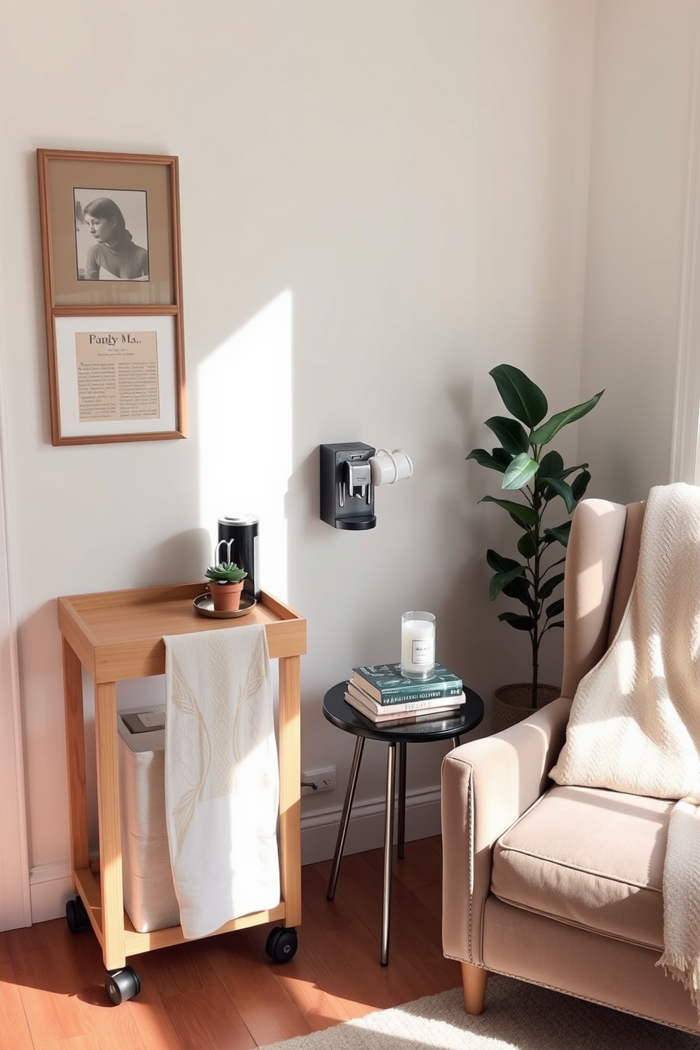 A cozy coffee station nestled in the corner of a sunlit room. It features a compact wooden cart with an espresso machine, a selection of coffee mugs, and a small potted plant for a touch of greenery. The reading nook is adorned with a plush armchair and a soft throw blanket draped over the side. A small side table holds a stack of books and a scented candle, creating an inviting atmosphere for relaxation.