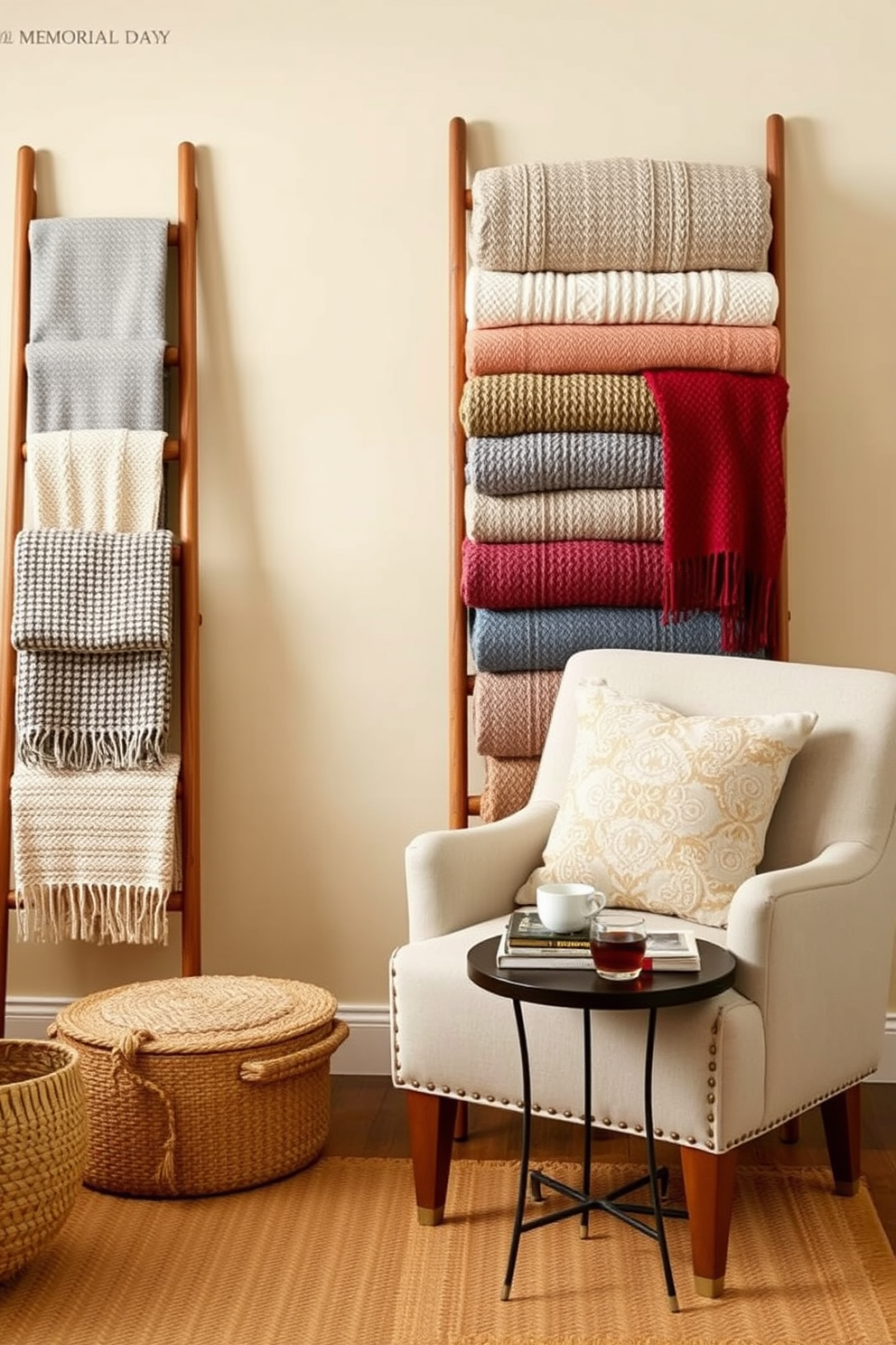 A cozy blanket ladder display is arranged against a soft beige wall, showcasing a variety of textured throws in muted colors. A plush armchair sits nearby, adorned with a decorative pillow, inviting relaxation and comfort. In the reading nook, a small side table holds a stack of well-loved books and a steaming cup of tea. A warm, woven rug underfoot adds to the inviting atmosphere, perfect for enjoying a quiet moment on Memorial Day.