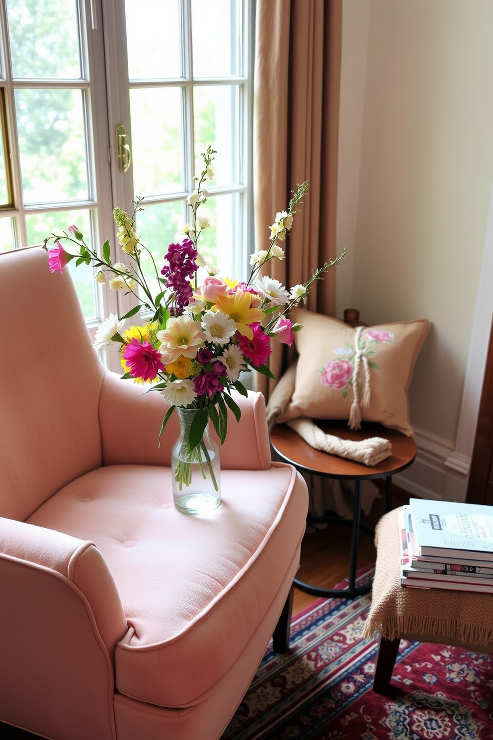 A cozy reading nook adorned with seasonal flowers in a vase. The nook features a plush armchair in soft pastels, complemented by a small side table holding a stack of books and a warm throw blanket. Natural light floods the space through a nearby window, highlighting the vibrant colors of the flowers. A decorative rug underfoot adds warmth and texture, creating an inviting atmosphere for relaxation and reading.