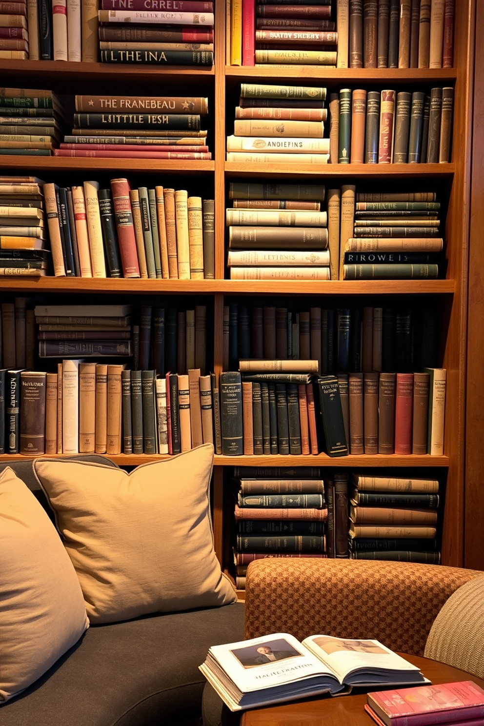 A cozy reading nook featuring vintage books stacked on wooden shelves. The space is adorned with soft, comfortable seating and warm lighting to create an inviting atmosphere.