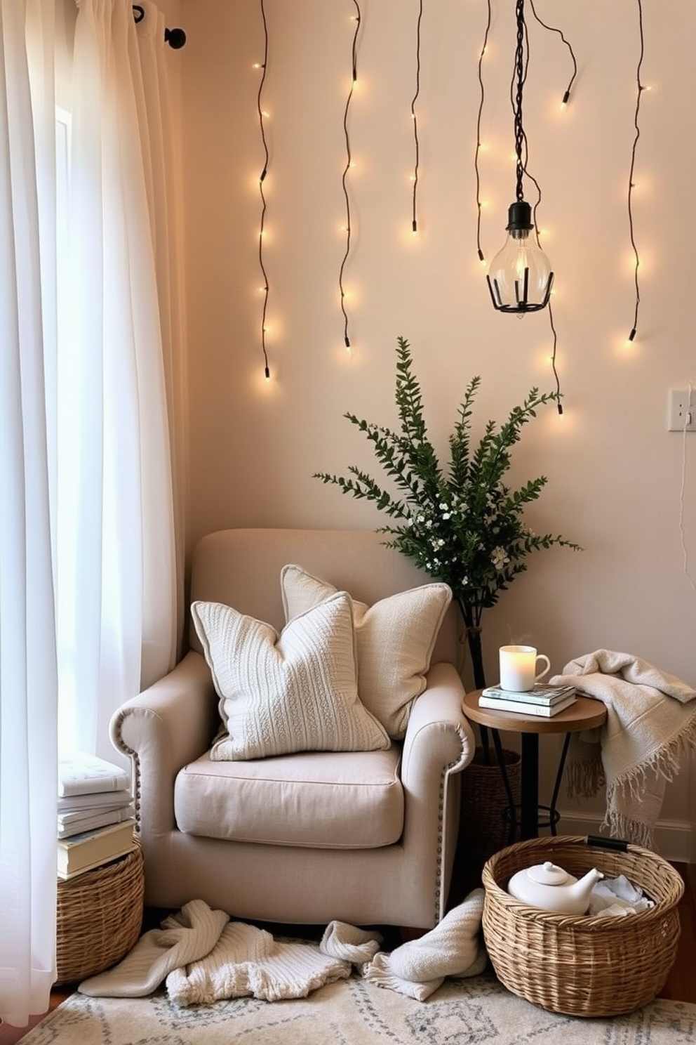 A cozy reading nook adorned with hanging string lights creates a warm and inviting atmosphere. Soft cushions in neutral tones are scattered on a plush armchair, while a small side table holds a stack of books and a steaming cup of tea. The walls are painted in a soft pastel hue, complementing the natural light that filters through sheer curtains. A woven basket sits in the corner, filled with cozy blankets for added comfort during Memorial Day gatherings.