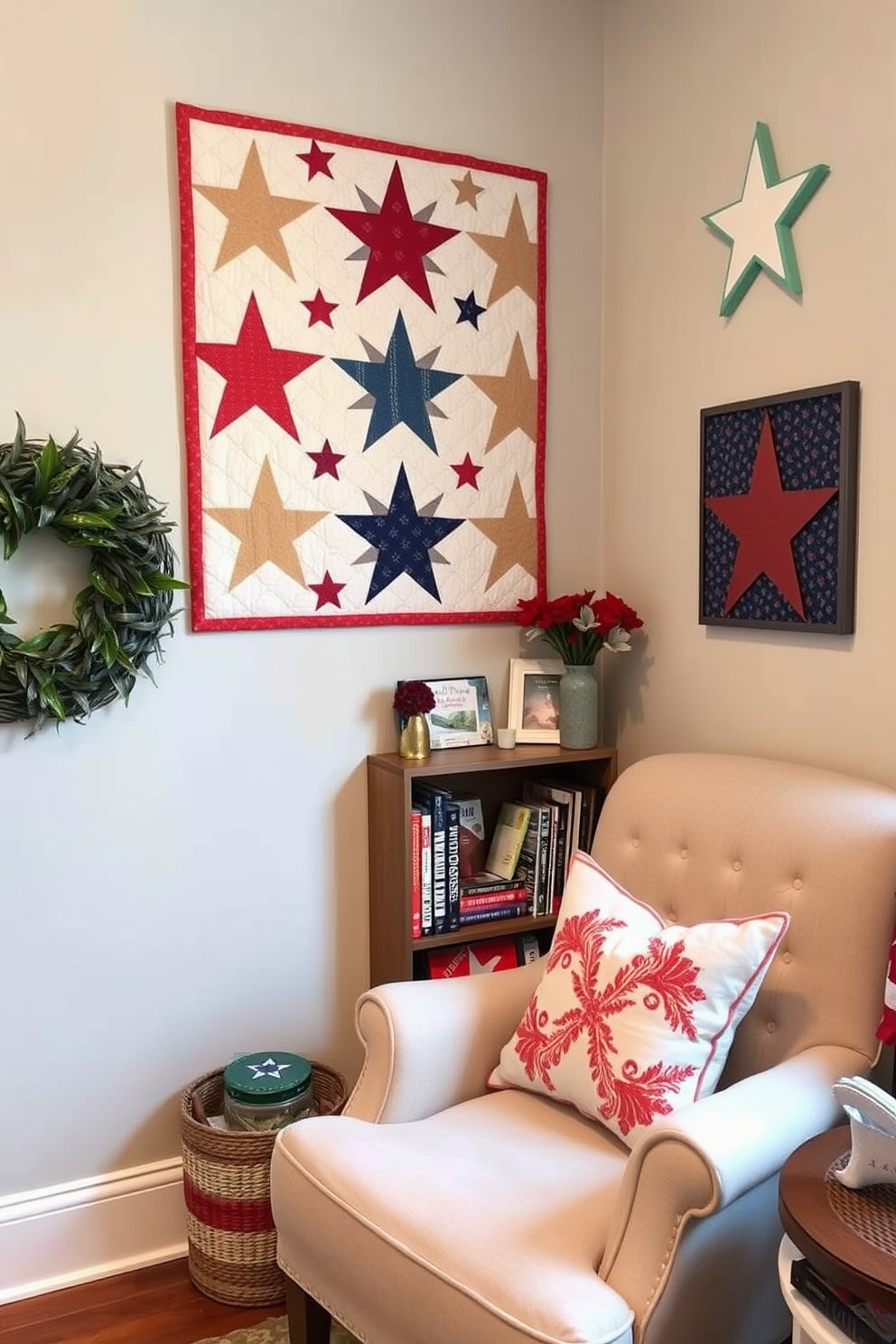 A cozy reading nook adorned with quilted wall art featuring stars. The space includes a comfortable armchair and a small bookshelf filled with patriotic-themed books and decor for Memorial Day.