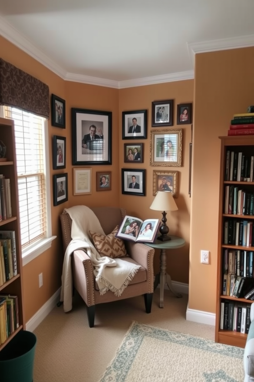 A cozy reading nook adorned with personalized photo frames on the walls. The nook features a comfortable armchair, a small side table, and a soft throw blanket draped over the chair. The walls are painted in a warm, inviting color that complements the frames. A nearby bookshelf filled with favorite reads adds character and charm to the space.