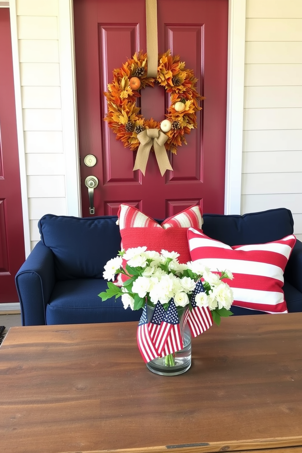 A welcoming front door adorned with a seasonal wreath that features a mix of autumn leaves, pinecones, and small pumpkins. The door is painted a deep red, and the wreath is accented with a burlap bow, creating a warm and inviting entrance. A cozy small living room decorated for Memorial Day with patriotic flair. A navy blue sofa is adorned with red and white striped throw pillows, while a rustic wooden coffee table displays a vase filled with miniature American flags and fresh white flowers.