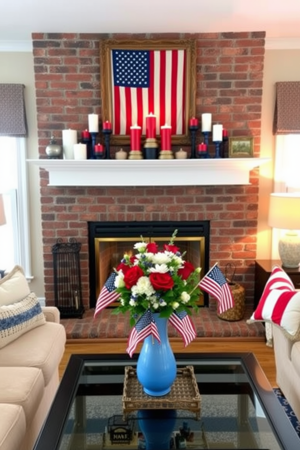 A cozy living room features a classic brick fireplace as the centerpiece, adorned with a display of patriotic candles in red, white, and blue. Above the mantel, a rustic wooden frame holds a vintage American flag, adding a touch of national pride to the space. In a small living room decorated for Memorial Day, a plush beige sofa is accented with throw pillows in patriotic colors. A coffee table in front of the sofa holds a centerpiece of fresh flowers in a blue vase, complemented by small American flags and festive decor.