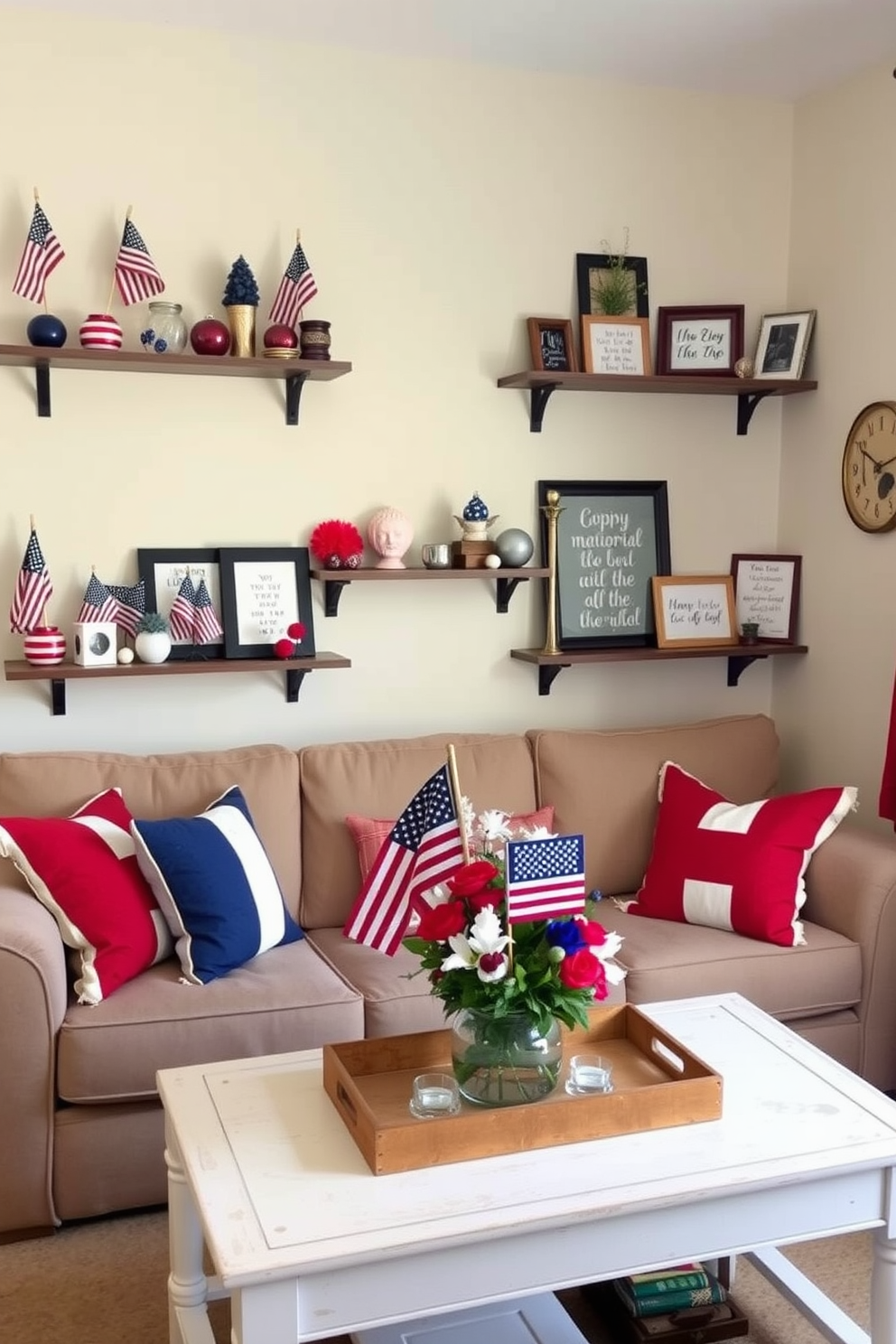 A cozy small living room adorned with wall-mounted shelves. Each shelf features a variety of American flag-themed decor, including miniature flags, red, white, and blue ornaments, and framed patriotic quotes. On the coffee table, a centerpiece with a flag-themed floral arrangement sits proudly. Cushions on the sofa are in shades of red, white, and blue, complementing the flag decor on the shelves, creating a festive Memorial Day atmosphere.