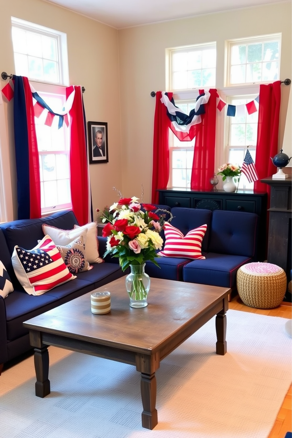 A cozy small living room decorated for Memorial Day. Colorful bunting hangs across the windows, adding a festive touch. The walls are painted in a soft beige, providing a neutral backdrop for the red, white, and blue accents scattered throughout the room. A navy-blue sofa is adorned with patriotic-themed throw pillows, and a rustic wooden coffee table sits on a light gray rug. On the coffee table, a vase filled with fresh flowers in shades of red, white, and blue serves as the centerpiece. A small American flag is displayed on the mantel, completing the holiday decor.