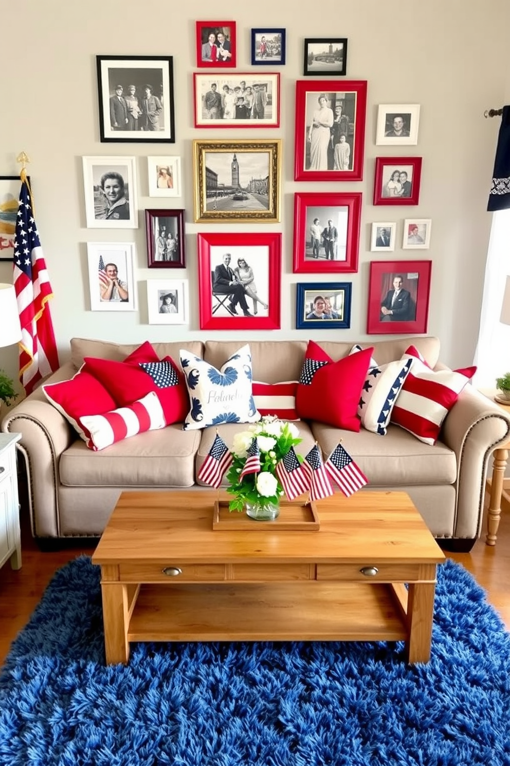 A patriotic-themed photo gallery wall. Frames of various sizes and colors, predominantly red, white, and blue, are arranged in a cohesive, yet eclectic pattern. The photos inside the frames capture moments of American history, family gatherings, and iconic landmarks. The wall itself is painted a neutral color to allow the vibrant frames and photos to stand out, with a small American flag draped elegantly in one corner. Memorial Day small living room decorating ideas. A cozy living room with a soft, neutral-colored sofa adorned with red, white, and blue throw pillows. A wooden coffee table sits in the center, decorated with a simple yet elegant centerpiece featuring miniature American flags and fresh flowers. The walls are decorated with subtle patriotic art, and a plush blue rug anchors the space, creating a warm and inviting atmosphere perfect for the holiday.