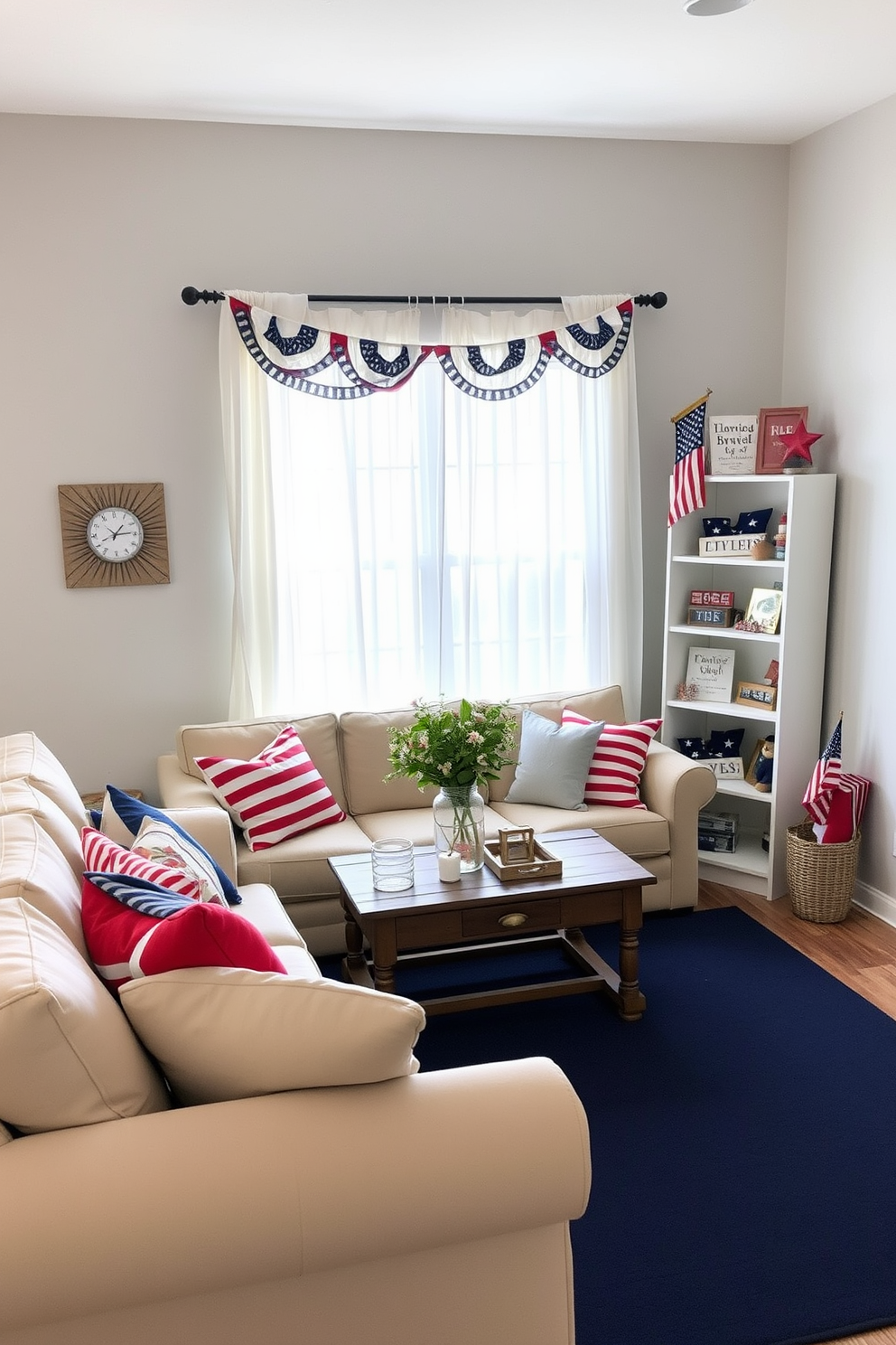 A cozy living room designed for Memorial Day celebrations. The space features a comfortable beige sofa adorned with red, white, and blue throw pillows, and a rustic wooden coffee table in the center. Patriotic bunting hangs above a large window, which is dressed with sheer white curtains. To the side, a small bookshelf displays various Americana-themed decor items, including miniature flags and vintage signs. The walls are painted a soft gray, providing a neutral backdrop that highlights the festive decorations. On the floor, a navy blue rug anchors the room, adding to the overall cozy and patriotic ambiance.