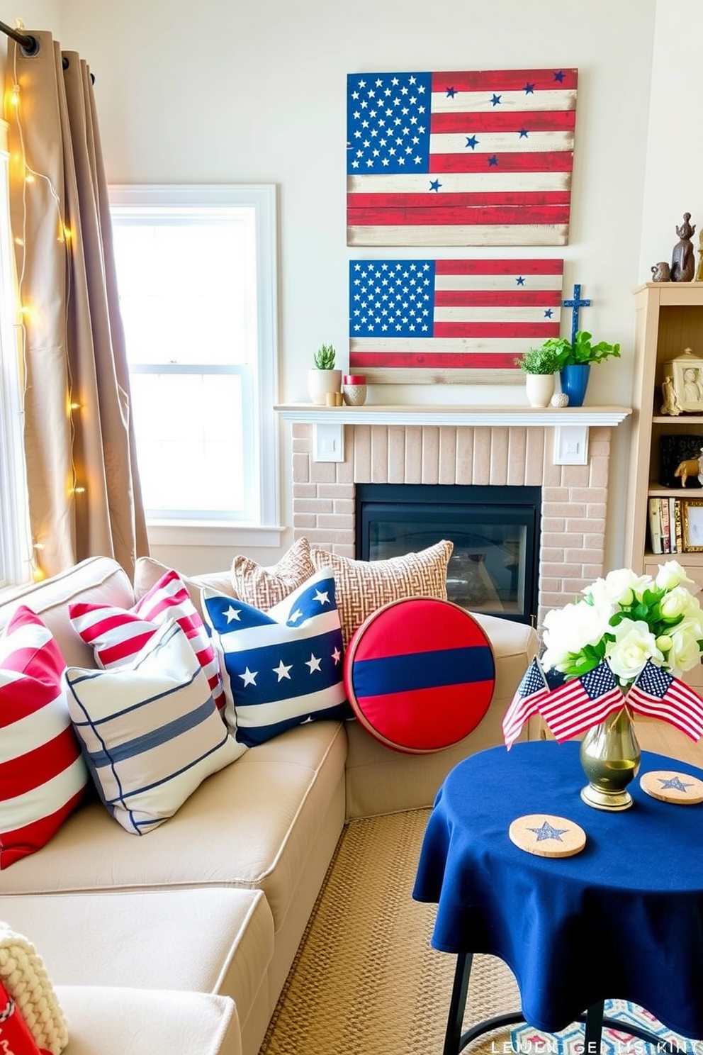 Festive coasters in red, white, and blue. A set of four round coasters, each with a different patriotic design. One features a red and white striped pattern, another has blue and white stars, the third showcases a combination of all three colors in a geometric pattern, and the last one displays a vintage American flag. These coasters are made of durable cork material, perfect for protecting surfaces during festive gatherings. Memorial Day small living room decorating ideas. Incorporate patriotic colors with throw pillows in red, white, and blue hues, arranged on a cozy beige sofa. Hang a rustic wooden American flag art piece above the fireplace to serve as a focal point. Add a small, round coffee table with a navy blue tablecloth, topped with a vase of fresh white flowers and miniature American flags. Enhance the ambiance with string lights draped around the window frames, creating a warm and inviting atmosphere for the holiday.