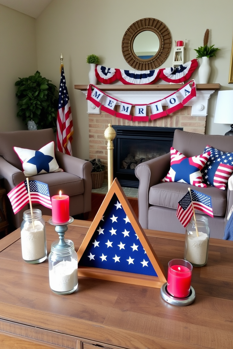 A cozy living room adorned with a tabletop flag display. The flag is neatly folded and placed in a wooden triangular display case on a rustic coffee table, surrounded by red, white, and blue candles. Celebrate Memorial Day in a small living room with patriotic flair. Arrange miniature American flags in mason jars filled with sand, and drape a red, white, and blue banner across the mantel, complemented by star-spangled throw pillows on a comfy sofa.