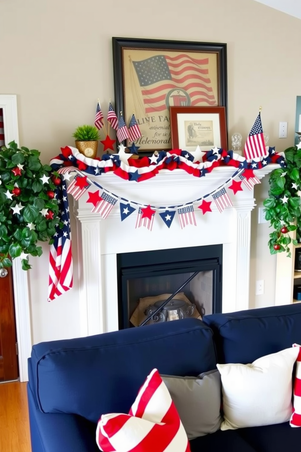 A cozy small living room decorated for Memorial Day with a patriotic garland draped across the mantel. The garland features red, white, and blue stars and stripes, adding a festive touch to the room. The mantel is adorned with additional patriotic accents, such as miniature American flags and a framed vintage flag print. The walls are painted a neutral color, and the seating area includes a comfortable navy blue sofa with red and white throw pillows.