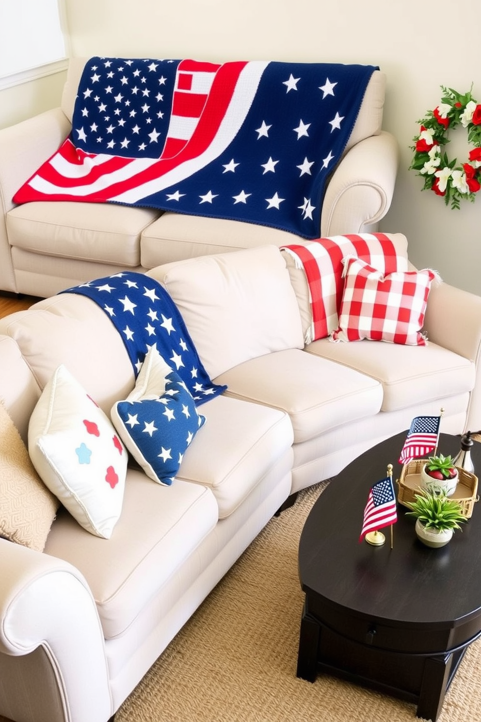 A cozy living room featuring patriotic-themed throw blankets draped over plush couches. The blankets showcase stars and stripes in vibrant red, white, and blue, complementing the neutral tones of the furniture and adding a festive touch to the space. A small living room decorated for Memorial Day with thoughtful, space-saving designs. Red, white, and blue accents such as decorative pillows, a small American flag on the coffee table, and a patriotic-themed wreath on the wall create a warm and inviting atmosphere.