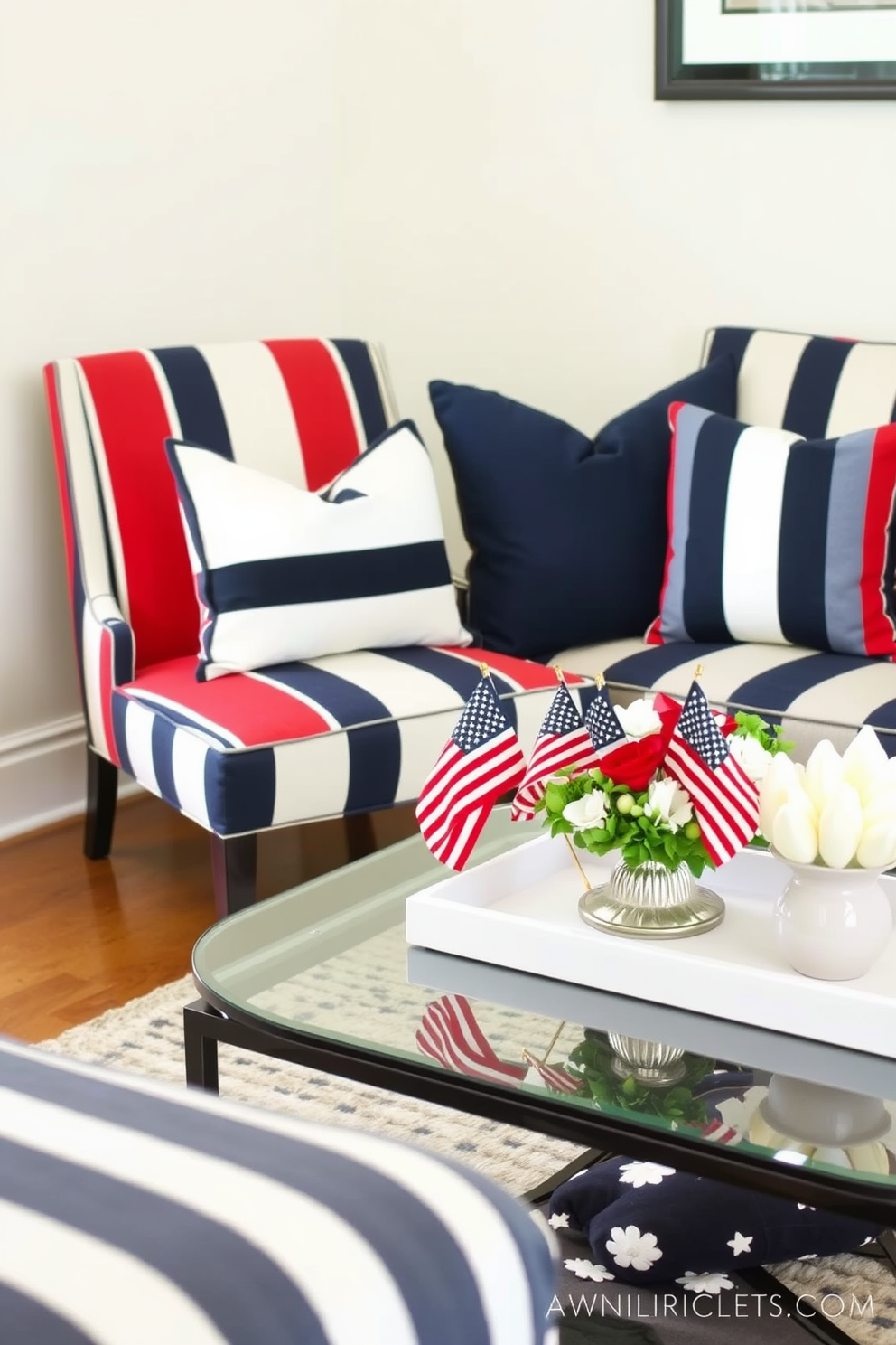 An accent chair with striped fabric is positioned in the corner of the room, featuring bold, vertical stripes in navy blue and white. The chair has sleek wooden legs and a high back, adding a touch of elegance and comfort to the space. For Memorial Day, the small living room is decorated with patriotic flair, featuring red, white, and blue throw pillows on the sofa. A small coffee table displays a centerpiece with miniature American flags and fresh flowers, creating a festive and inviting atmosphere.