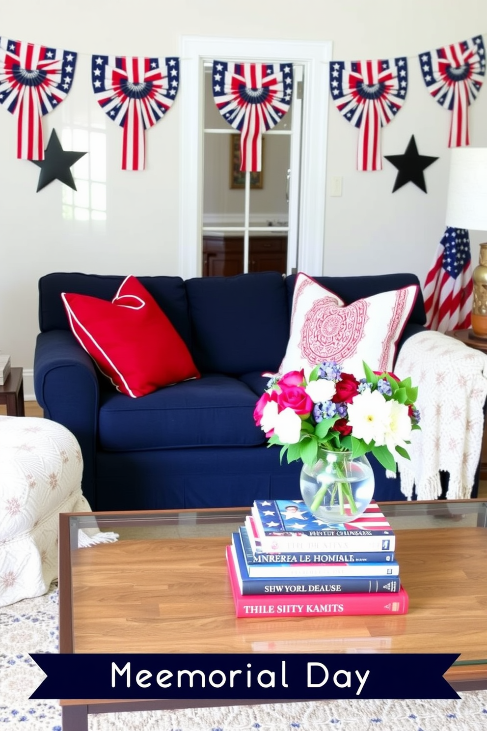 A cozy living room decorated for Memorial Day. Star-spangled bunting is draped along the walls, adding a festive touch to the space. A comfortable navy blue sofa is adorned with red and white throw pillows. A coffee table in front of the sofa holds a vase of fresh flowers and a stack of patriotic-themed books.