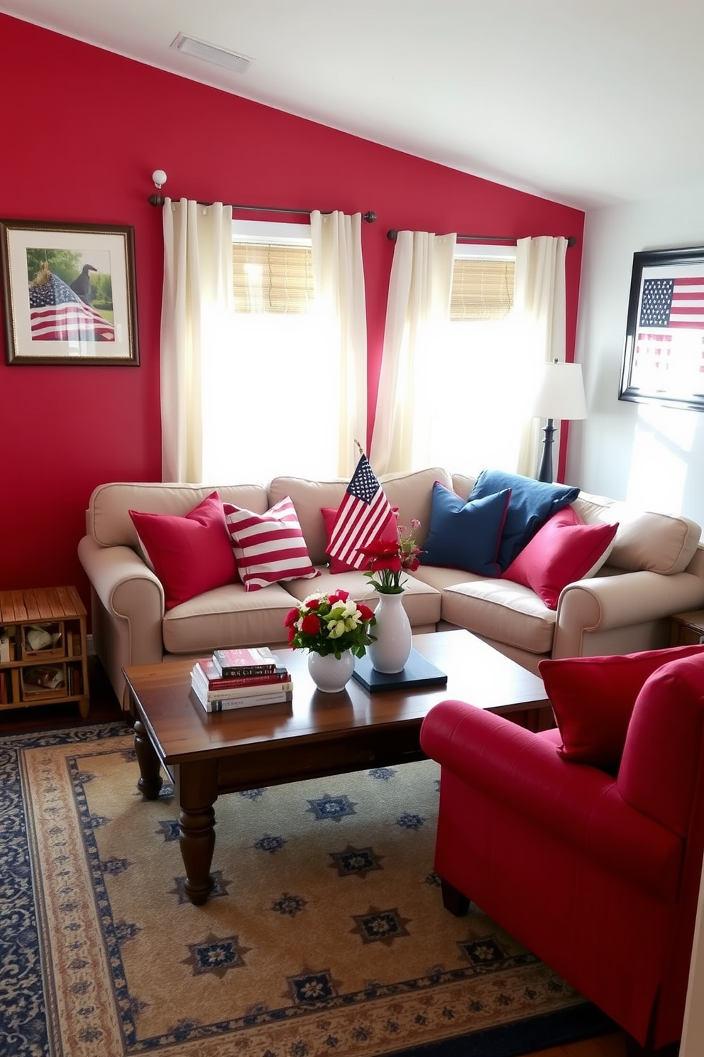 A cozy small living room decorated for Memorial Day. The walls are painted with red and blue accent colors, creating a patriotic theme. A comfortable beige sofa is adorned with red and blue throw pillows, and a matching rug lies underneath a wooden coffee table. On the coffee table, a centerpiece of fresh flowers in a white vase sits alongside a stack of books and a small American flag. The windows are dressed with sheer white curtains, allowing natural light to filter in and brighten the space. A framed picture of the American flag hangs on one wall, completing the festive look.