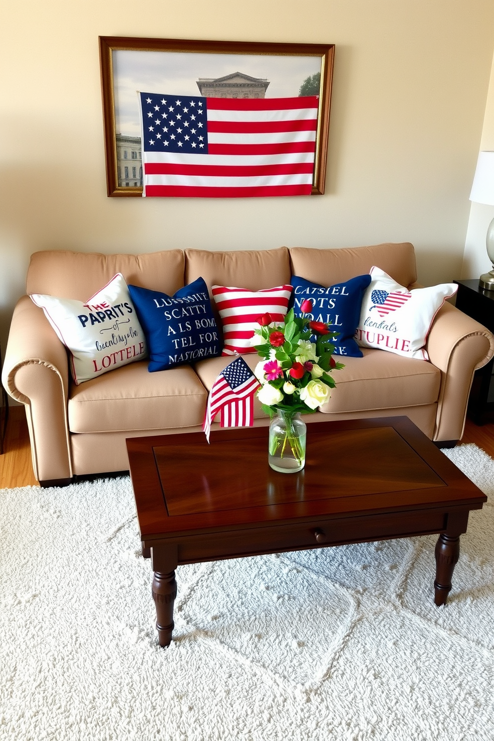 A cozy small living room decorated for Memorial Day. The sofa is adorned with seasonal cushions featuring patriotic sayings in red, white, and blue, adding a festive touch to the space. The coffee table is set with a simple centerpiece of fresh flowers in a clear vase, complemented by a few small American flags. The walls are painted in a neutral tone, allowing the vibrant colors of the cushions and decor to stand out. A soft, light-colored rug anchors the room, creating a warm and inviting atmosphere perfect for celebrating the holiday.