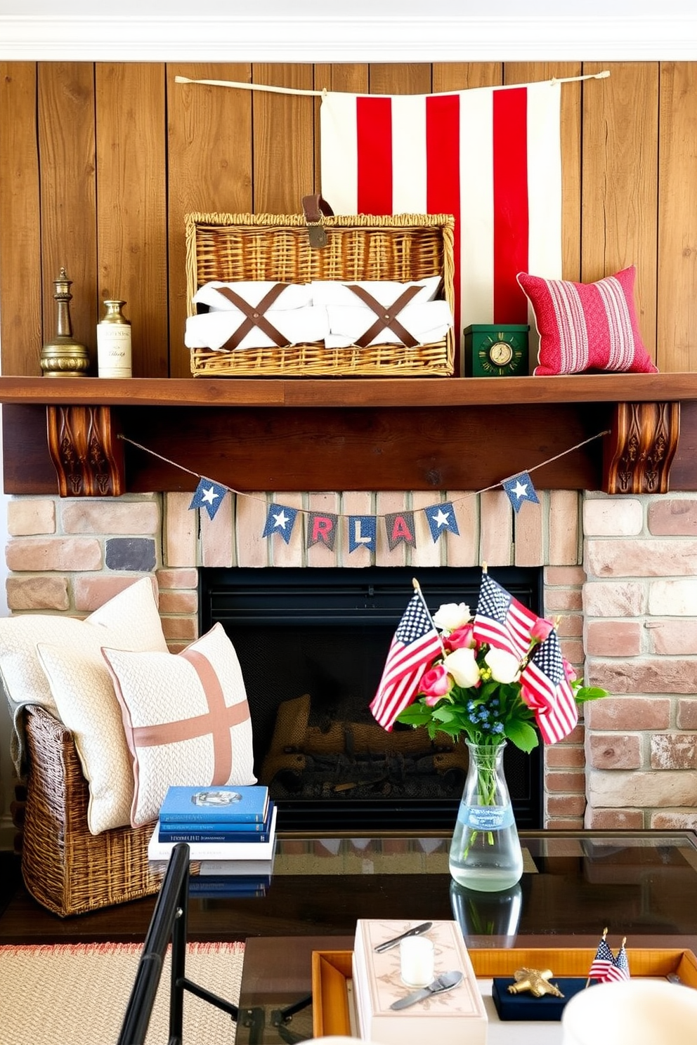 A vintage picnic basket is placed on a rustic wooden shelf, its lid slightly ajar to reveal neatly folded linens and a few antique trinkets. The basket's weathered wicker and leather straps add a charming, nostalgic touch to the room, blending seamlessly with the surrounding vintage decor. For Memorial Day, transform your small living room into a cozy patriotic haven by incorporating red, white, and blue throw pillows and a star-spangled banner above the fireplace. Arrange a small coffee table with a vase of fresh flowers and miniature American flags, creating a festive yet elegant atmosphere perfect for the holiday.