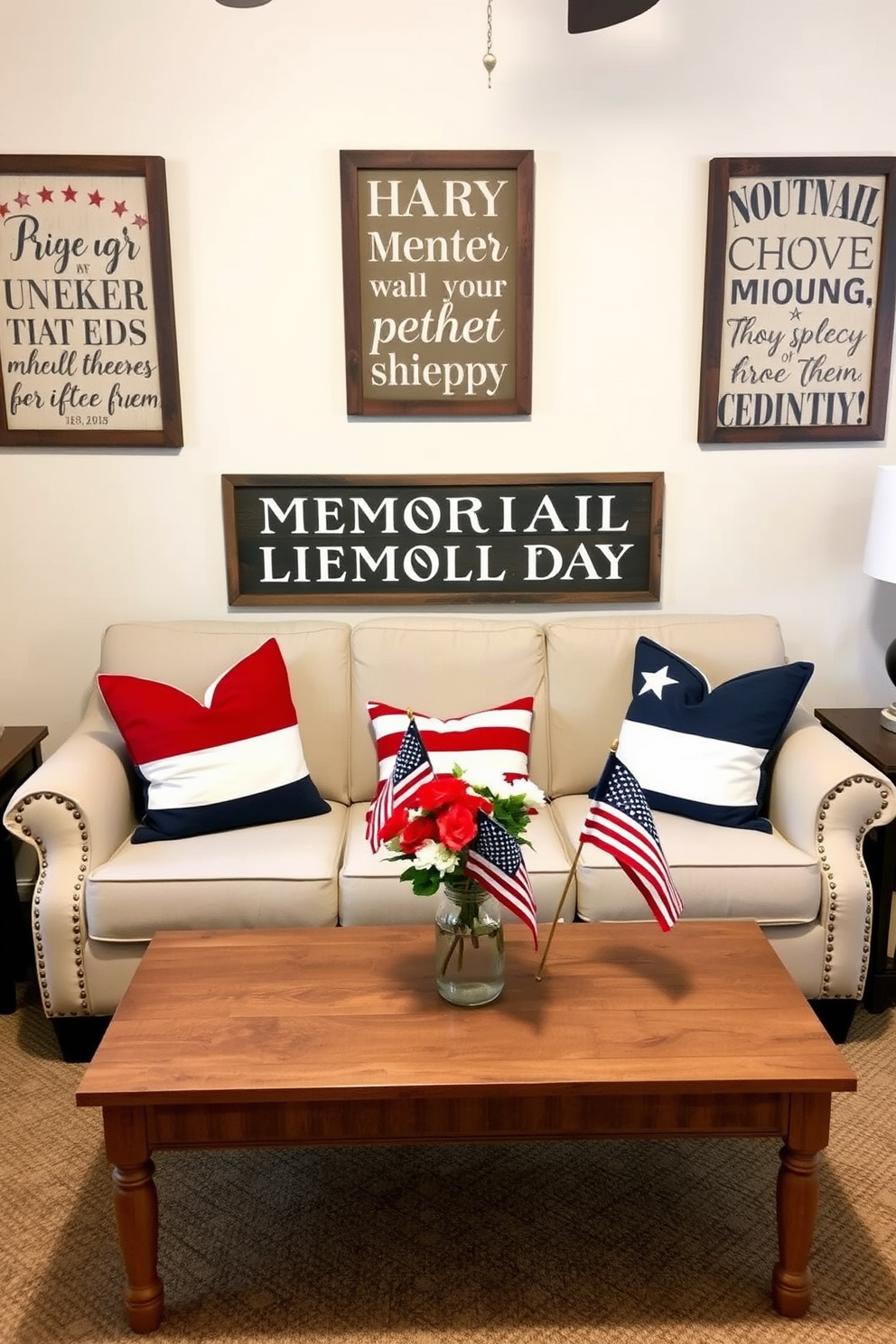 A cozy small living room decorated for Memorial Day. Rustic wooden signs with patriotic quotes hang on the walls, adding a warm and festive touch. The room features a comfortable beige sofa adorned with red, white, and blue throw pillows. A wooden coffee table sits in front of the sofa, topped with a vase of fresh flowers and small American flags.