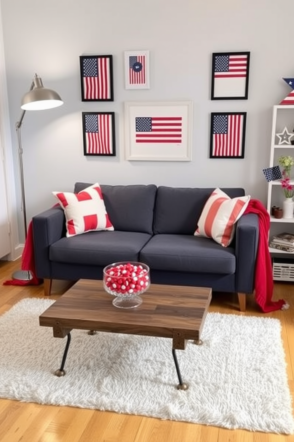 A cozy living room with a modern touch. A plush gray sofa with colorful throw pillows is centered against a light blue accent wall. On the coffee table in front of the sofa, there are two decorative glass bowls filled with vibrant red candies, adding a pop of color to the space. A soft beige rug covers the wooden floor, and a sleek floor lamp stands in the corner, casting a warm glow over the room. A patriotic-themed small living room designed for Memorial Day. A compact navy blue sofa adorned with red and white striped cushions sits against a white wall decorated with framed American flags. A rustic wooden coffee table in front of the sofa holds a decorative bowl filled with red, white, and blue candies, alongside a vase with fresh flowers. A cozy red throw blanket is draped over the arm of the sofa, and a small bookshelf in the corner displays various patriotic decor items.