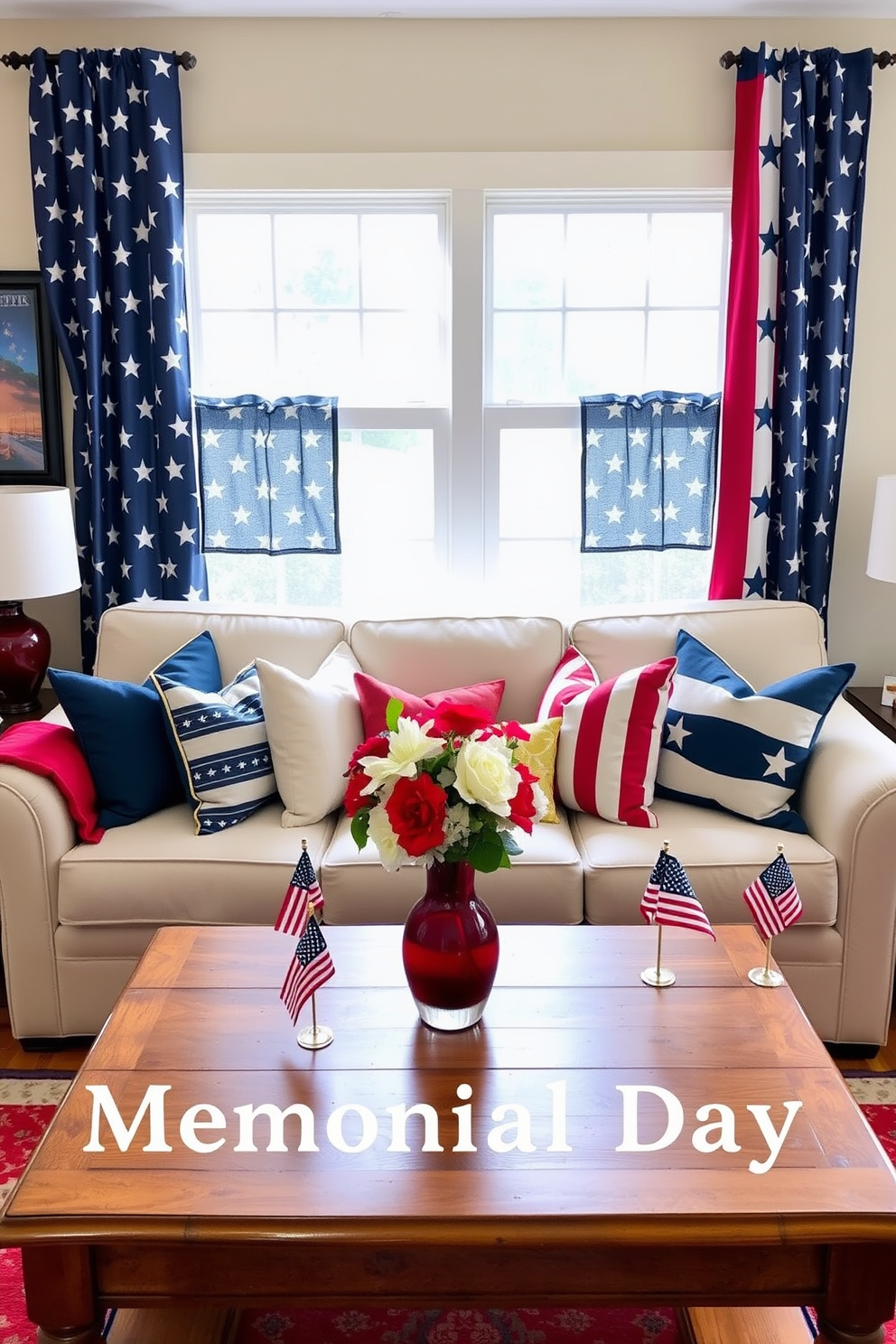 A cozy living room designed for Memorial Day celebrations. Star-patterned curtains add a patriotic touch to the windows, complementing the red, white, and blue color scheme. The room features a comfortable sofa adorned with throw pillows in various shades of blue and white. A wooden coffee table sits in front of the sofa, decorated with a centerpiece of fresh flowers in a red vase, and small American flags are placed throughout the space.