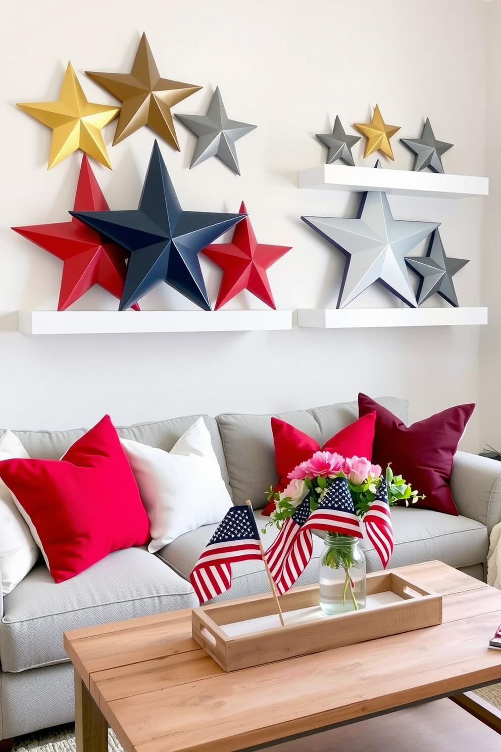 Star-shaped decorative accents are arranged on floating shelves, adding a whimsical touch to the room. The shelves are painted in a soft white, contrasting beautifully with the vibrant star shapes in gold, silver, and navy blue, creating a striking focal point. For Memorial Day, transform your small living room with patriotic flair by incorporating red, white, and blue throw pillows on a cozy grey sofa. Add a rustic wooden coffee table adorned with a simple centerpiece featuring mini American flags and fresh flowers in a mason jar.