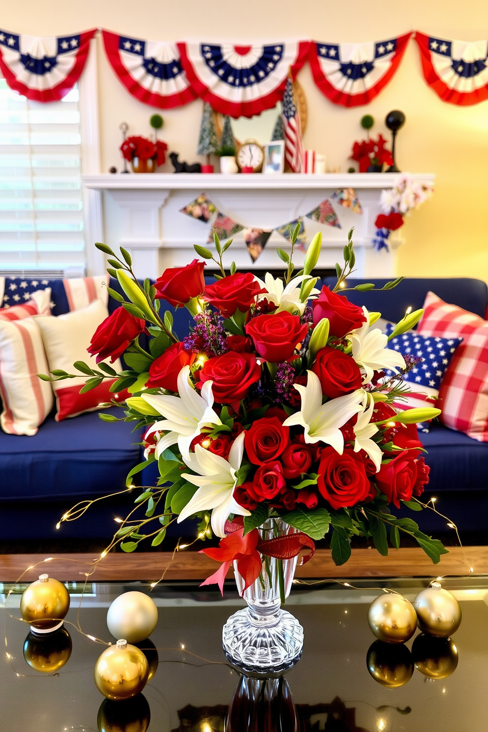 A festive table centerpiece adorned with vibrant flowers. The arrangement includes red roses, white lilies, and sprigs of holly, all set in a crystal vase, surrounded by gold and silver ornaments, and intertwined with fairy lights for a warm, inviting glow. Memorial Day small living room decorated with patriotic flair. A cozy space featuring a navy blue sofa adorned with red and white striped cushions, an American flag throw blanket draped over the back, and a coffee table dressed with a vase of red, white, and blue flowers, complemented by star-spangled bunting hanging from the mantel.