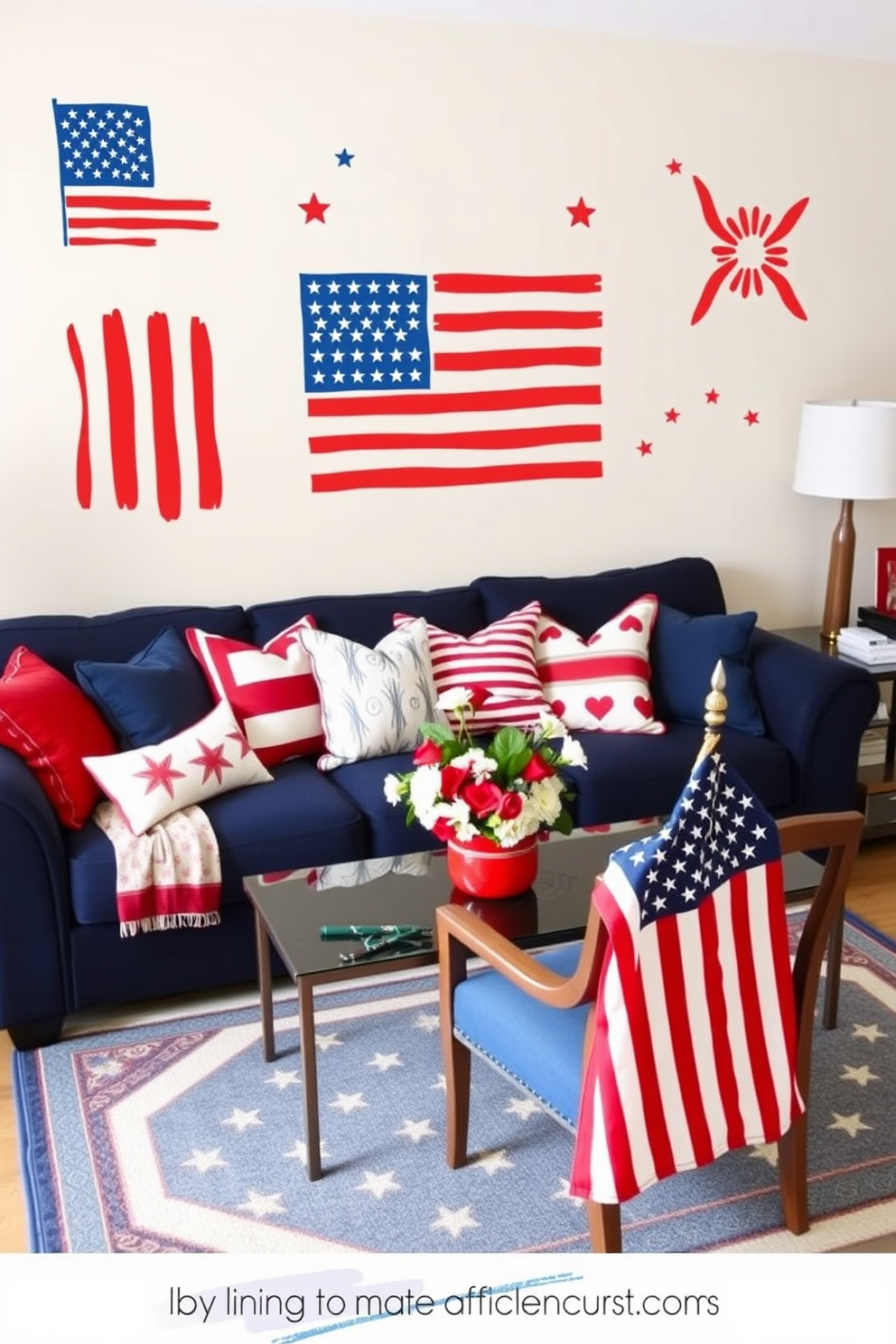 Patriotic-themed wall decals for easy decor. Large, vibrant decals featuring the American flag, stars, and stripes adorn a living room wall. The decals are complemented by a mix of red, white, and blue throw pillows on a navy blue couch, creating a cohesive and festive look. Memorial Day Small Living Room Decorating Ideas. A cozy living room is transformed with red, white, and blue accents, including a patriotic-themed rug and coordinating cushions. A small coffee table is adorned with a centerpiece of fresh flowers in a red vase, and an American flag is draped elegantly over the back of a chair.