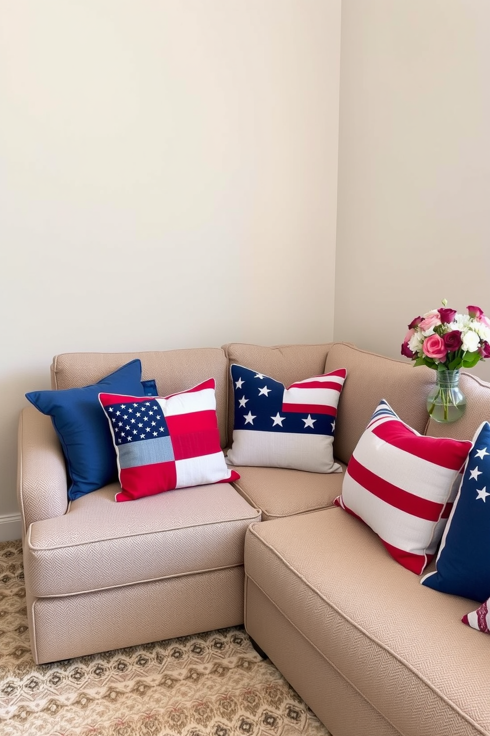 A cozy living room featuring a plush couch adorned with patriotic throw pillows in red white and blue. The pillows display stars and stripes patterns adding a festive touch for Memorial Day celebrations. In the corner of the room a small side table holds a decorative vase filled with fresh flowers. The walls are painted in a soft neutral tone creating a warm and inviting atmosphere perfect for small space decorating.