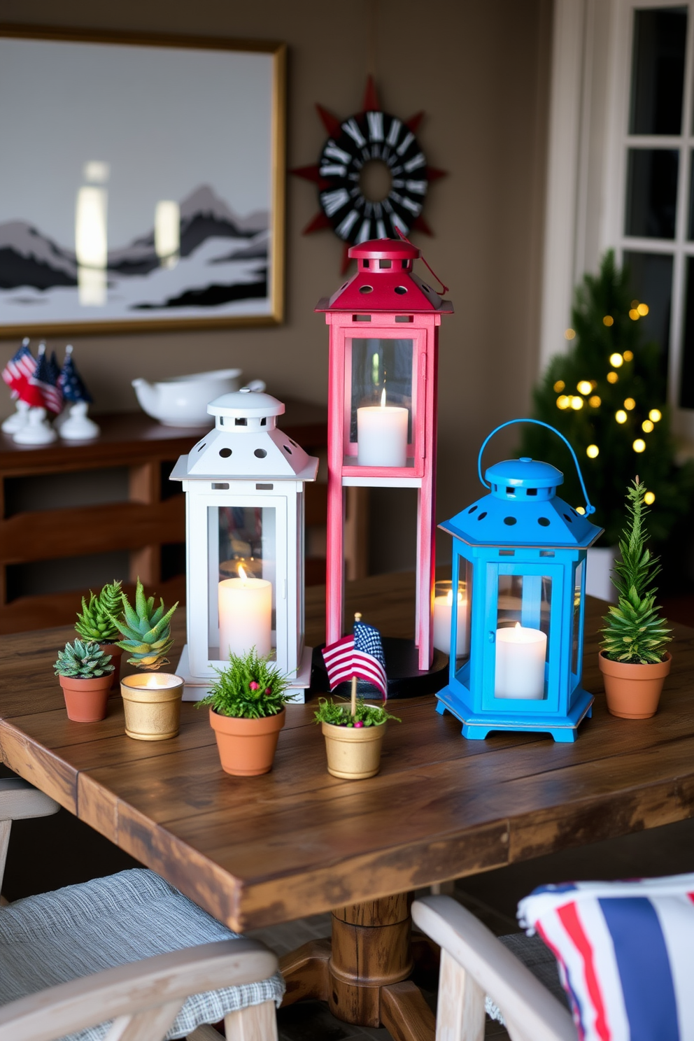 Create a cozy tabletop display featuring lanterns in red, white, and blue. Arrange the lanterns of varying heights on a rustic wooden table, surrounded by small potted plants and festive decorations. Incorporate elements that evoke a sense of patriotism while maintaining a minimalist aesthetic. Use soft lighting to enhance the ambiance, creating a welcoming atmosphere for gatherings.