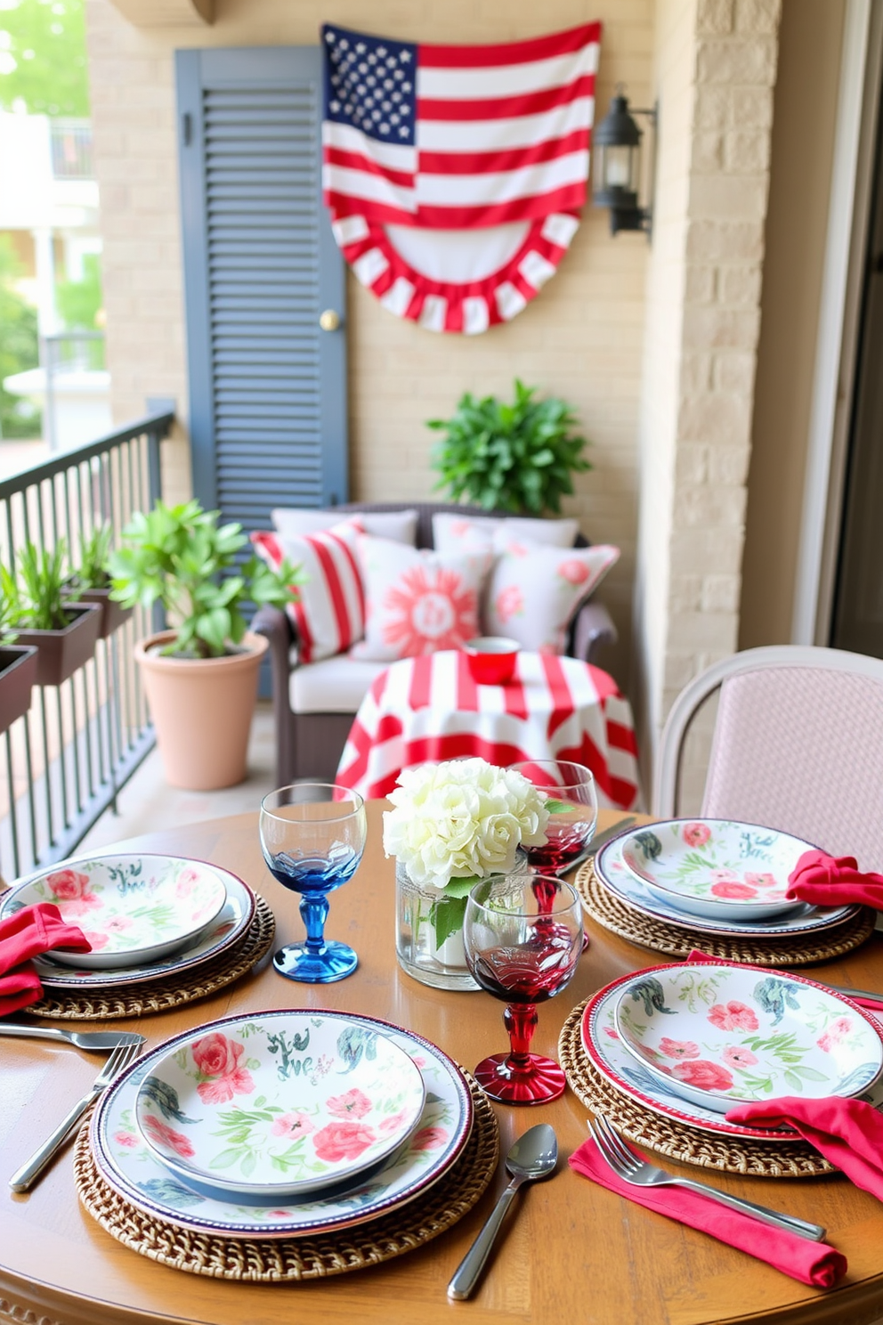 Seasonal dishware for festive meals. The table is elegantly set with colorful plates featuring floral patterns, complemented by matching napkins and glassware. Memorial Day Small Space Decorating Ideas. A cozy balcony is adorned with red, white, and blue accents, including cushions on a compact seating area and a small table with a patriotic tablecloth.