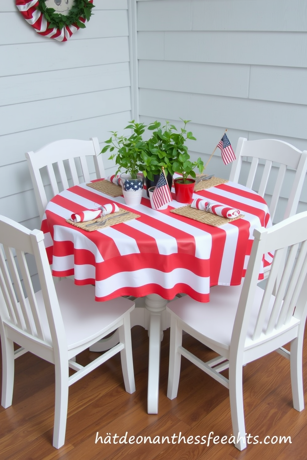 A charming dining setup for a small space. A red and white striped tablecloth covers a round table surrounded by four white chairs. On the table, a cluster of small potted plants adds a touch of greenery. Festive decorations, such as miniature American flags and red, white, and blue napkins, enhance the Memorial Day theme.