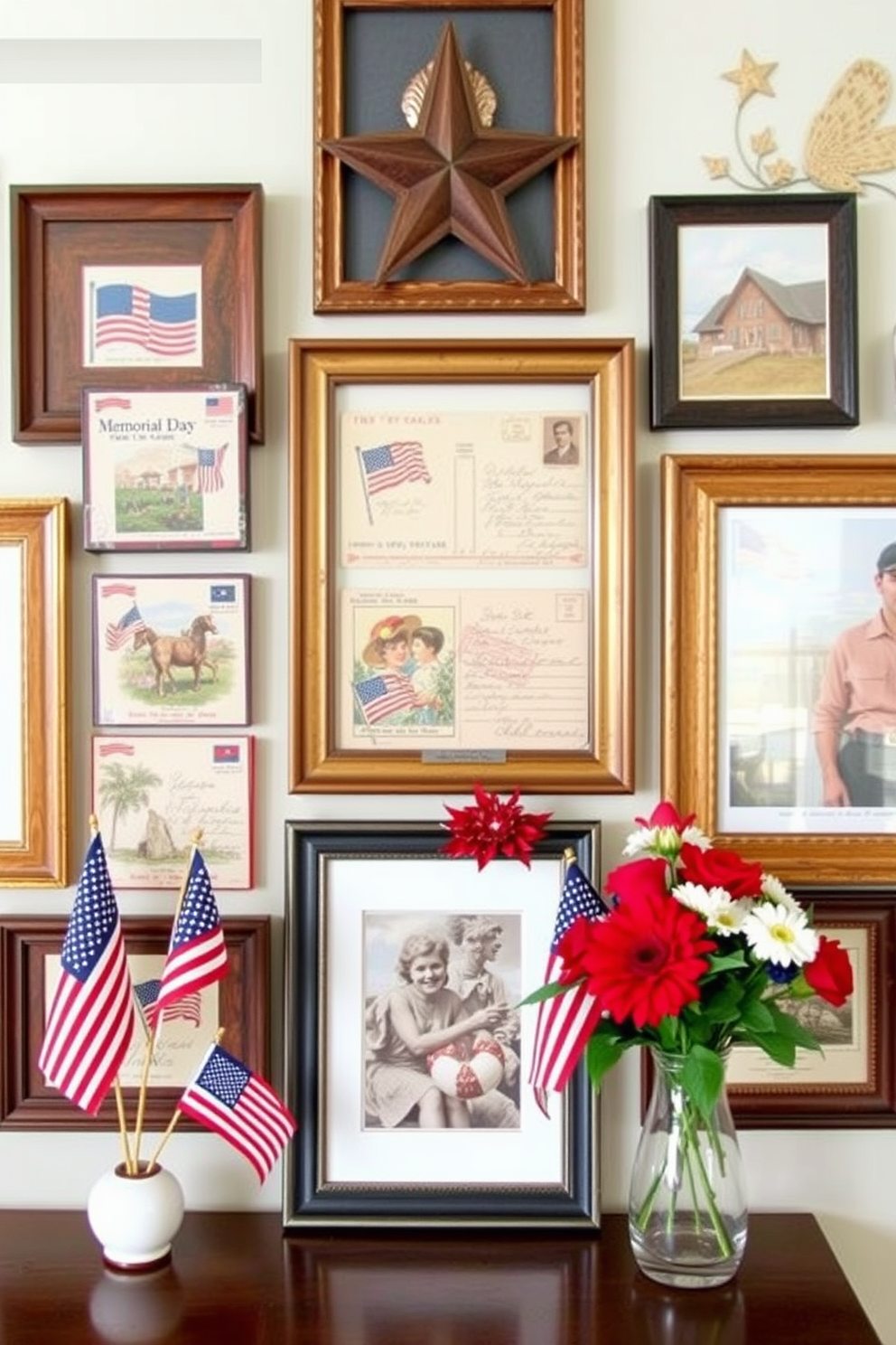 A collection of vintage patriotic postcards arranged in a creative display. The postcards are framed in a mix of rustic wooden frames and sleek modern designs, creating an eclectic yet cohesive look. Charming Memorial Day decorations for a small space. Incorporate red white and blue accents with minimal clutter using small flags and seasonal flowers in simple vases.