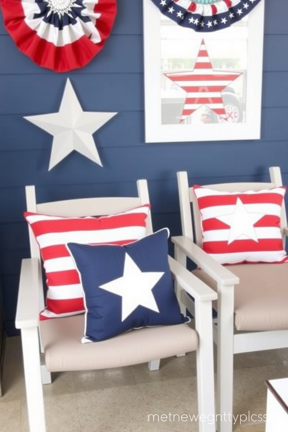 Cushions with star patterns on chairs. The chairs are upholstered in a soft fabric, and the star-patterned cushions add a playful touch to the seating arrangement. Memorial Day small space decorating ideas. The space features a patriotic color scheme with red, white, and blue accents, creating a festive atmosphere perfect for celebrating the holiday.