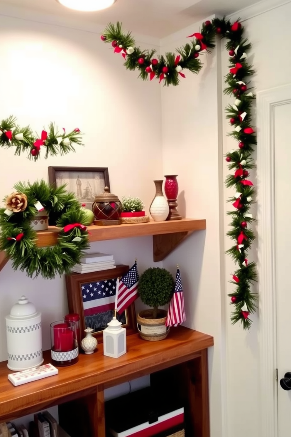 A festive garland drapes elegantly over rustic wooden shelves filled with seasonal decor. The vibrant colors of the garland complement the warm tones of the shelves, creating a cheerful atmosphere. For Memorial Day, a small space is adorned with red, white, and blue accents that celebrate the holiday. Thoughtful arrangements of patriotic decorations enhance the cozy feel while maximizing the limited space.