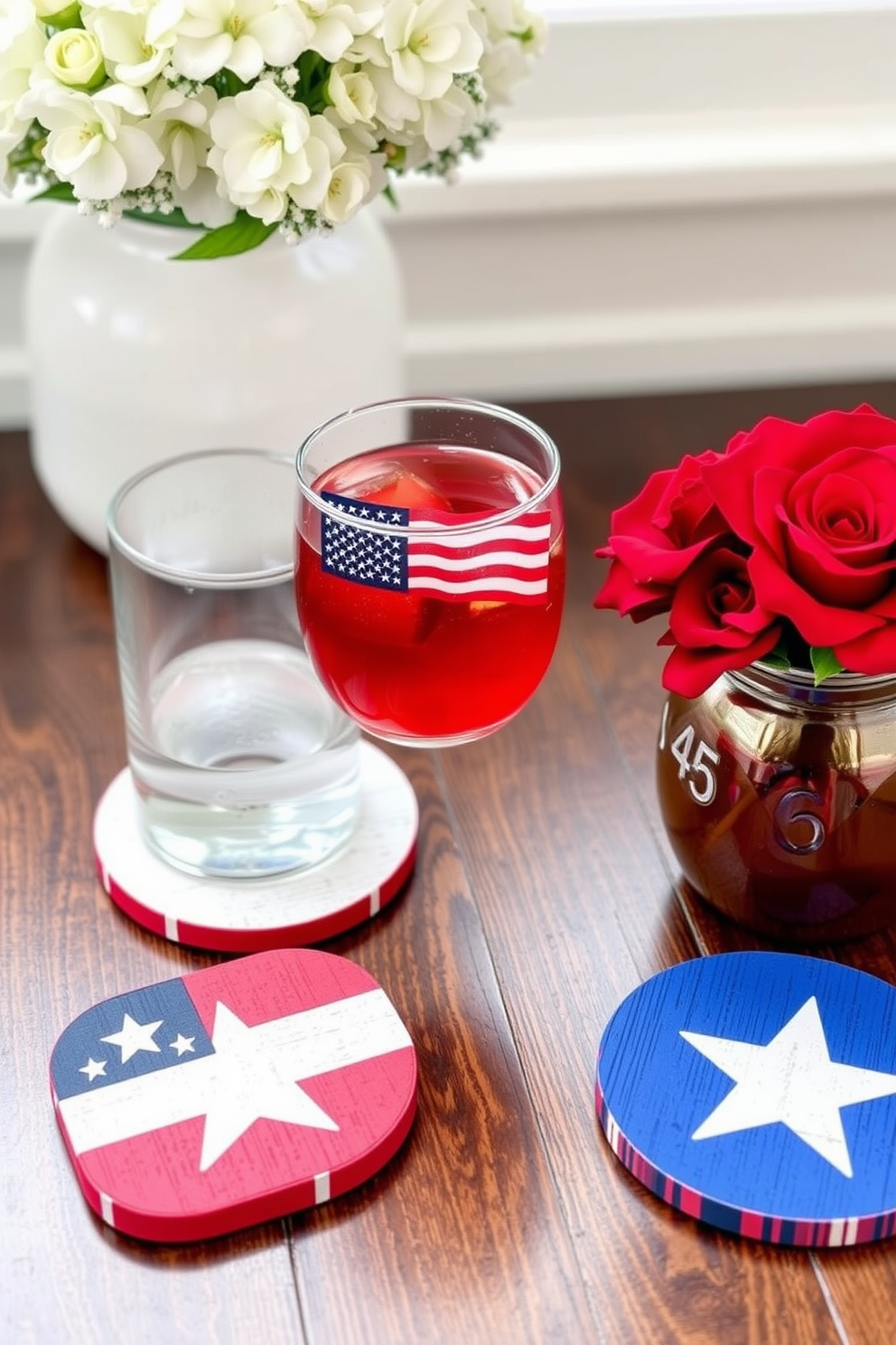 Patriotic themed coasters for drinks designed with red white and blue colors. Each coaster features iconic symbols such as stars and stripes along with a rustic wood texture. Memorial Day small space decorating ideas focusing on creating a cozy and inviting atmosphere. Use a combination of floral arrangements and themed accents to enhance the patriotic spirit while maximizing the use of limited space.