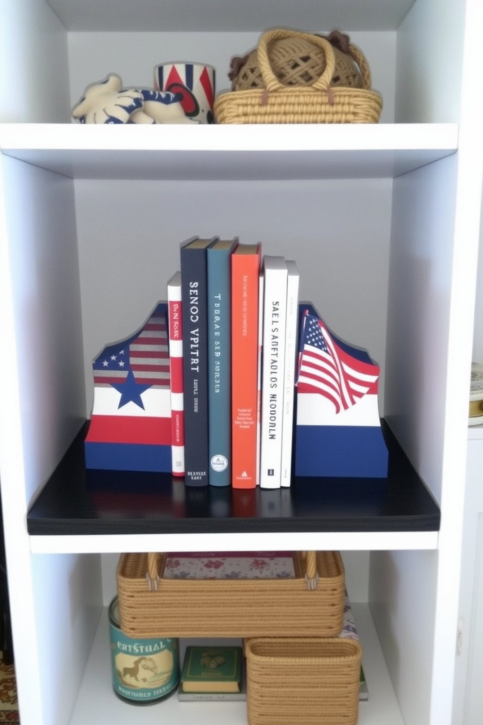 Create a pair of bookends inspired by the colors red, white, and blue. The bookends should feature a modern design with clean lines, incorporating elements like stars and stripes to evoke a patriotic feel. Design a small space that celebrates Memorial Day with thoughtful decor. Use a combination of light fabrics and bold colors to create a cozy yet festive atmosphere, highlighting red, white, and blue accents throughout the room.