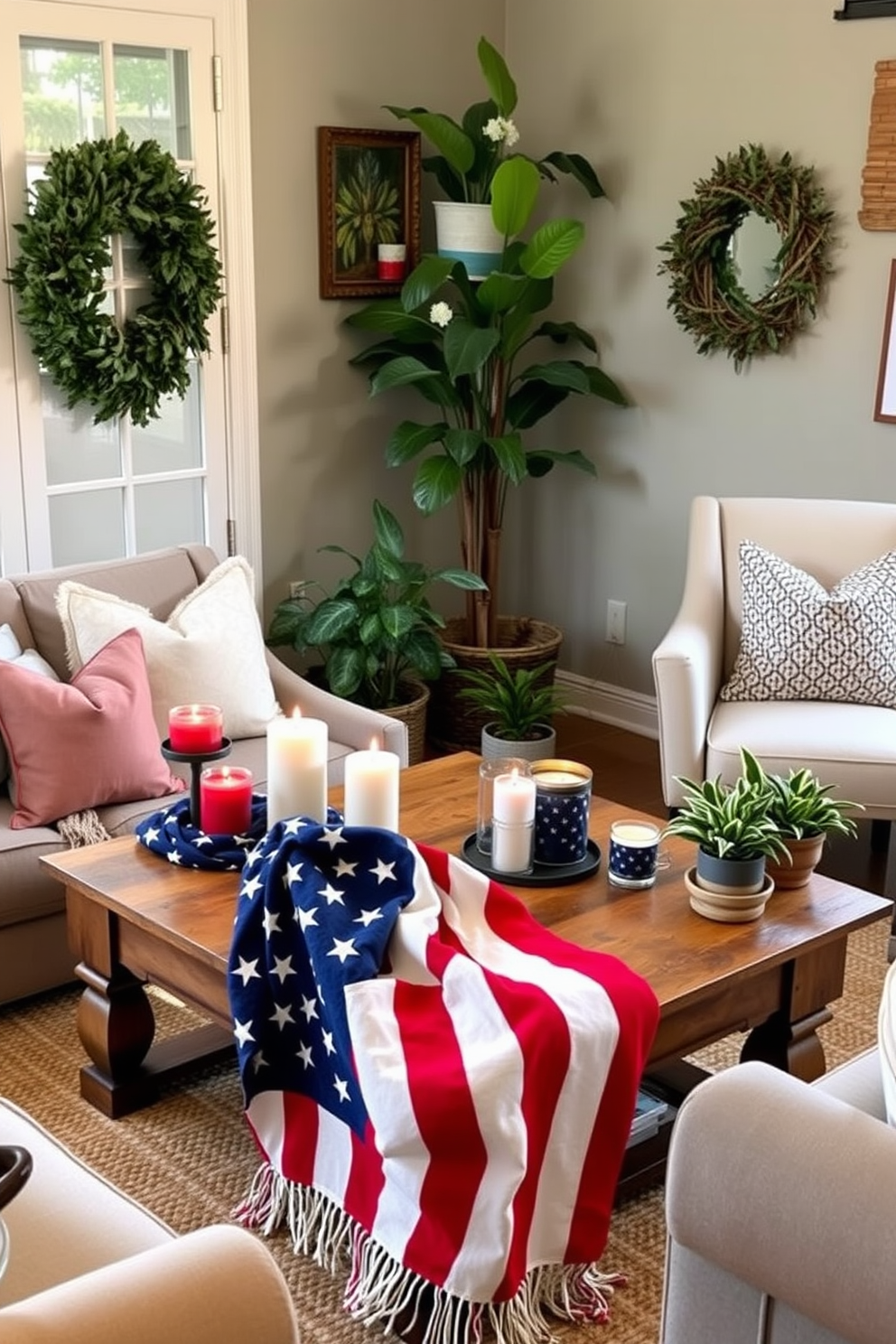 A cozy living room adorned with seasonal scents from patriotic candles. The candles, in red, white, and blue hues, are arranged on a rustic wooden coffee table surrounded by plush seating. For Memorial Day, the small space is decorated with a vibrant flag-themed throw blanket draped over a stylish armchair. A cluster of potted plants adds a touch of greenery, complementing the festive atmosphere.