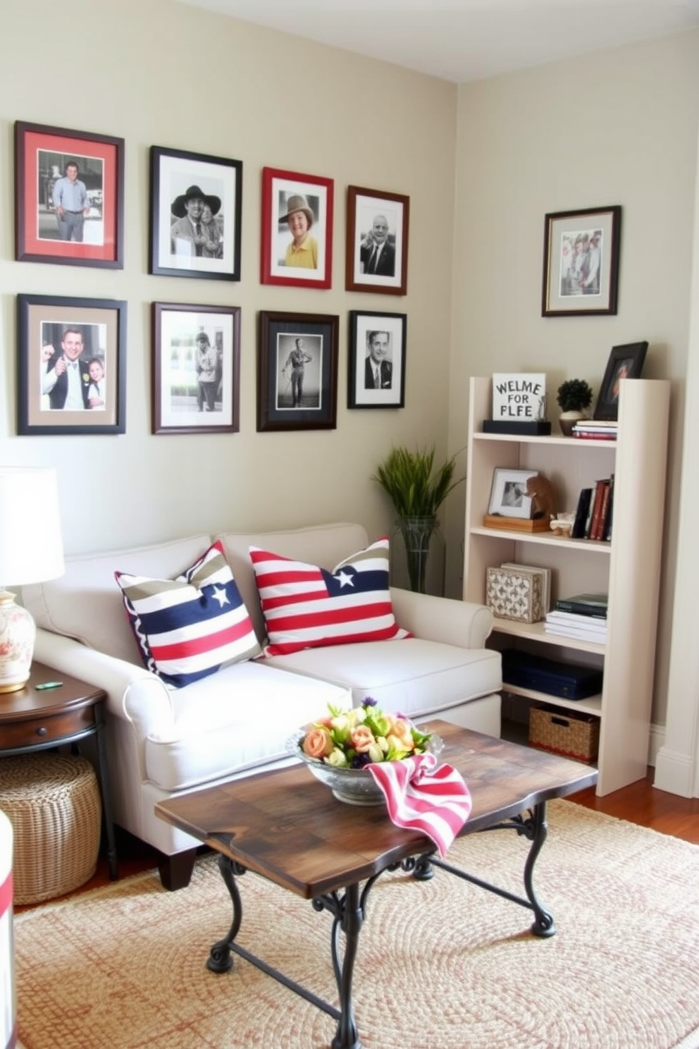 A cozy living room corner featuring framed photos in red, white, and blue frames arranged in a gallery style on the wall. Below the photos, a small, comfortable sofa adorned with patriotic throw pillows complements the decor, while a rustic coffee table holds a decorative bowl filled with seasonal flowers. The space is enhanced by a woven area rug that adds texture and warmth. A small bookshelf nearby showcases additional decorative items and books, creating an inviting atmosphere perfect for Memorial Day celebrations.