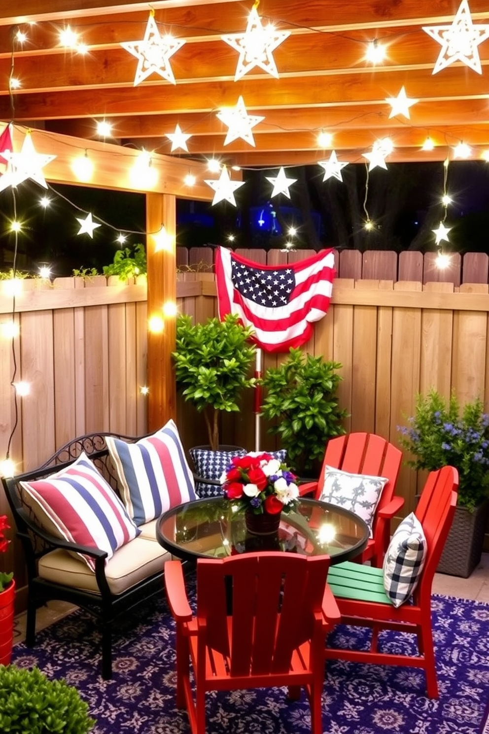 Create a cozy outdoor seating area illuminated by star-shaped string lights. The lights are draped across a wooden pergola, casting a warm glow over a small table set with comfortable cushions. Design a stylish and functional small space for Memorial Day celebrations. Incorporate a compact dining table surrounded by vibrant chairs, adorned with festive decorations and a centerpiece of red, white, and blue flowers.