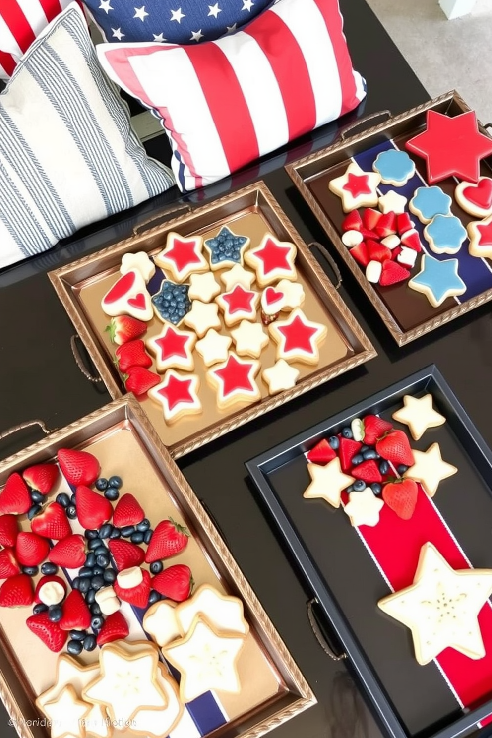 A collection of decorative trays elegantly arranged with themed snacks for a festive gathering. Each tray features an assortment of red white and blue treats including strawberries blueberries and star-shaped cookies. Creative small space decorating ideas for Memorial Day celebrations. Incorporate patriotic accents like throw pillows and table runners while maximizing seating with foldable furniture.