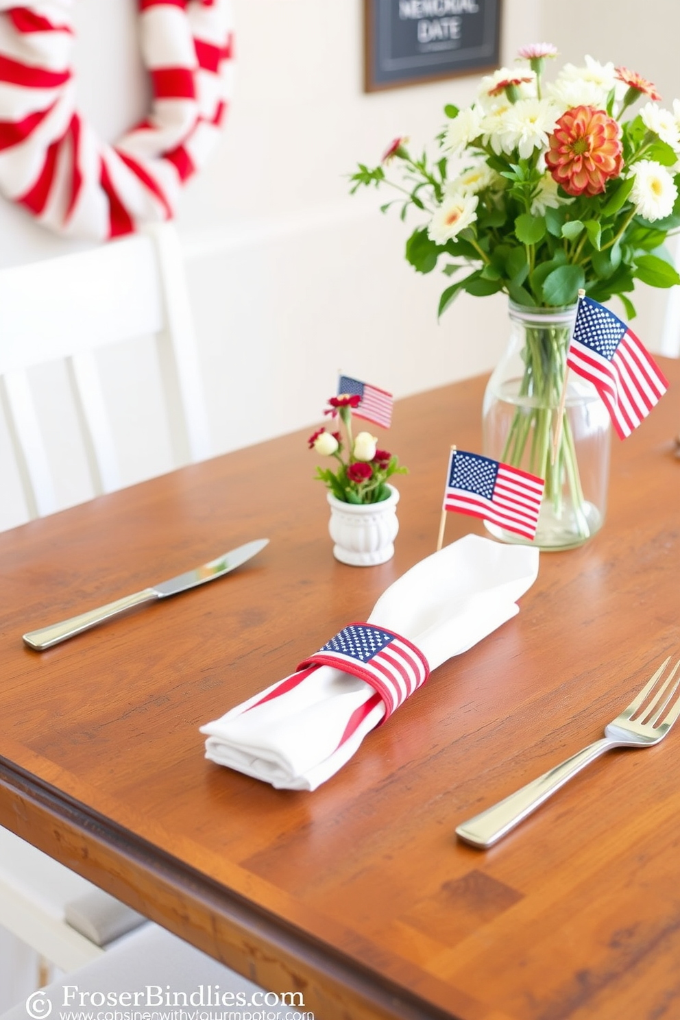 Create a charming dining table setting featuring patriotic-themed napkin holders. The napkin holders are adorned with red, white, and blue motifs, complementing a rustic wooden table. Incorporate small decorative elements that evoke the spirit of Memorial Day. Add subtle touches like miniature flags and seasonal flowers to enhance the festive atmosphere in a small space.