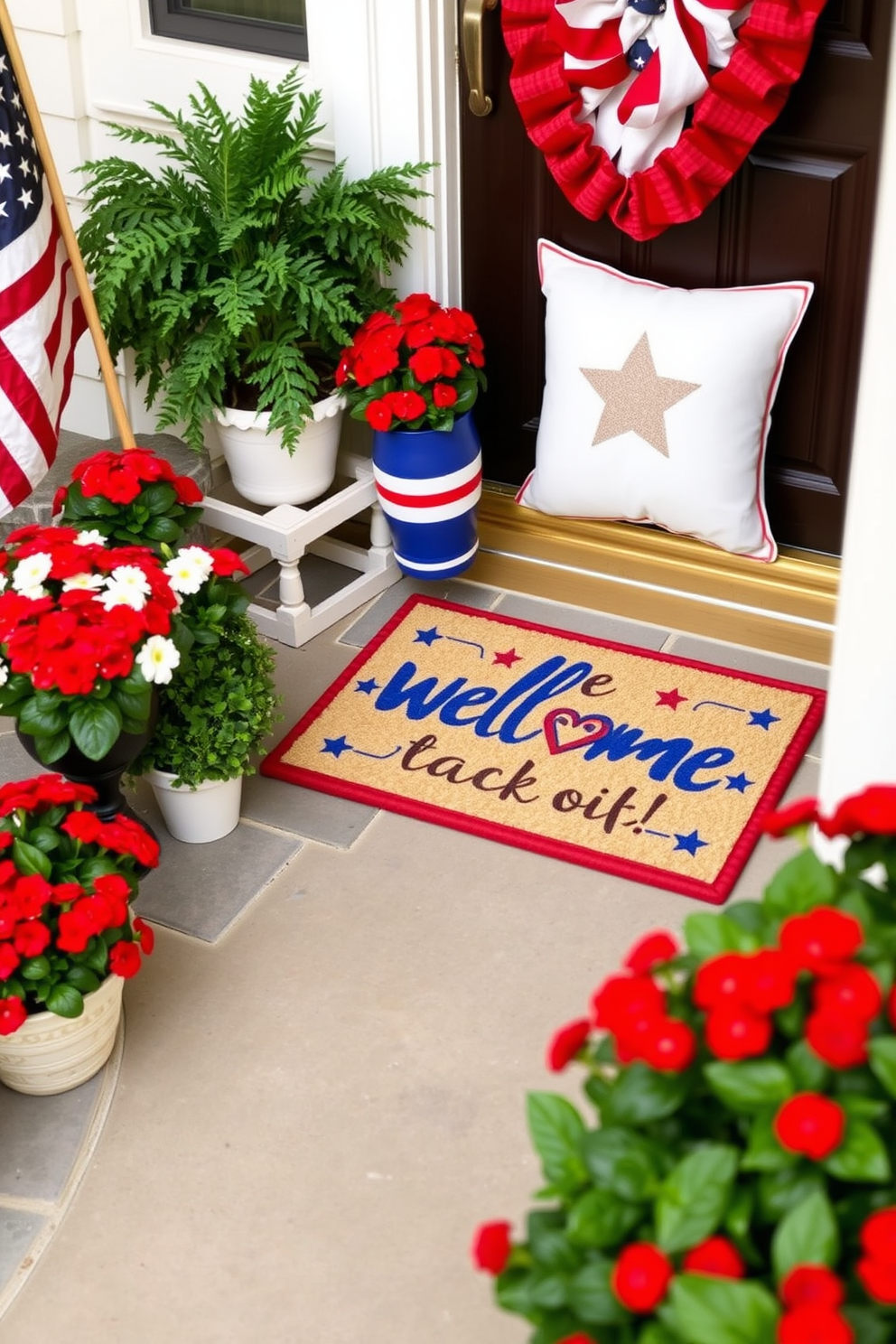 A seasonal door mat featuring a patriotic message welcomes guests with vibrant colors and bold lettering. Surrounding the mat, a small porch is adorned with potted red, white, and blue flowers, creating a festive atmosphere. For Memorial Day, consider small space decorating ideas that incorporate elements of Americana. Use lightweight, removable decor such as flags and themed cushions to enhance the space without overwhelming it.