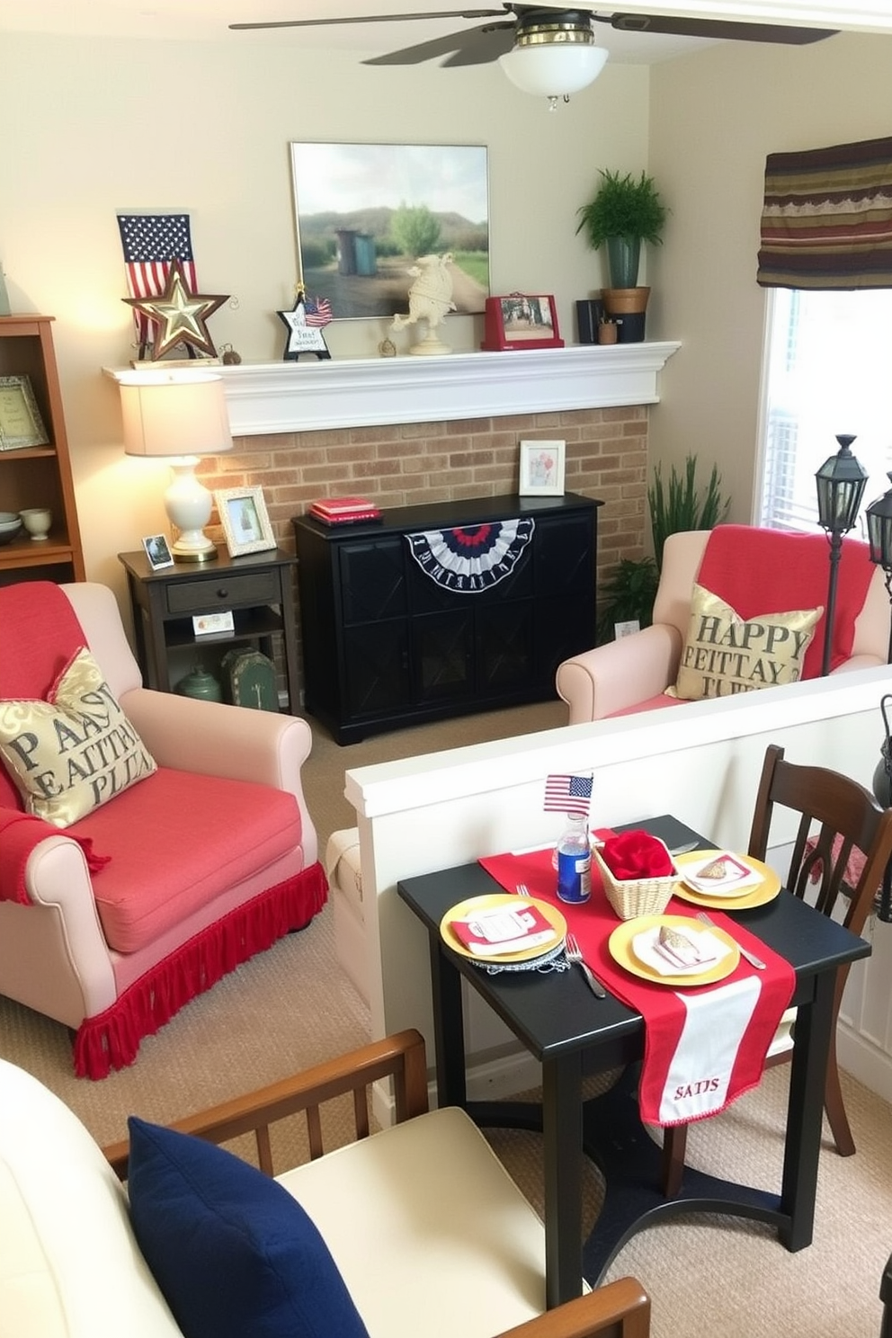 A cozy living room featuring two chairs adorned with red and blue throw blankets. The space is decorated with patriotic accents and small decorative items that celebrate Memorial Day. A charming dining area with a small table set for a festive meal. The table is decorated with a red and blue centerpiece and place settings that reflect the holiday spirit.