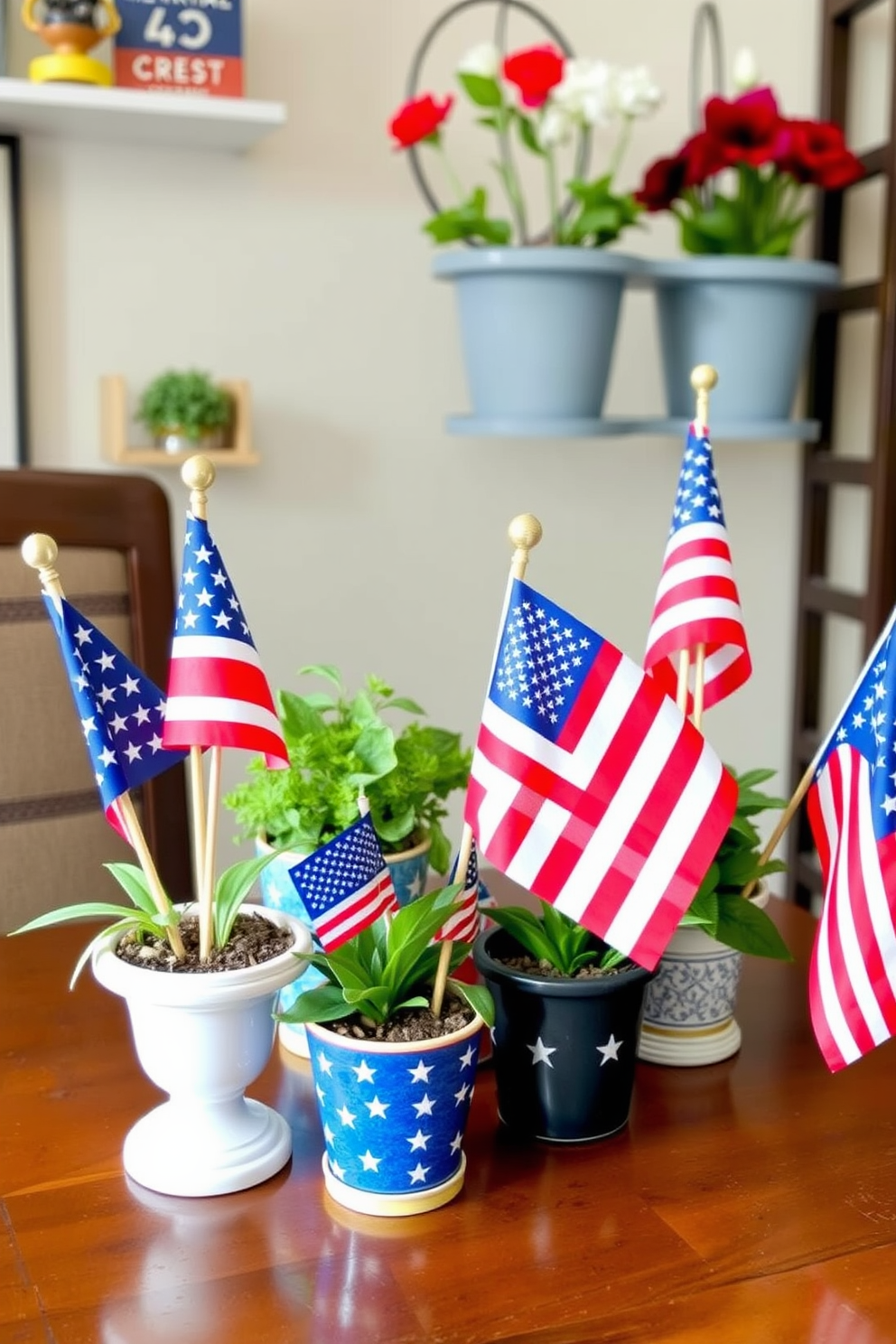 Tabletop flags in decorative pots create a festive atmosphere perfect for celebrating Memorial Day. These vibrant flags can be arranged in various pots, adding a touch of patriotism to your small space. For small space decorating ideas, consider using vertical space to display your tabletop flags. Hanging shelves or wall-mounted planters can showcase the flags while keeping the floor area clear and open.